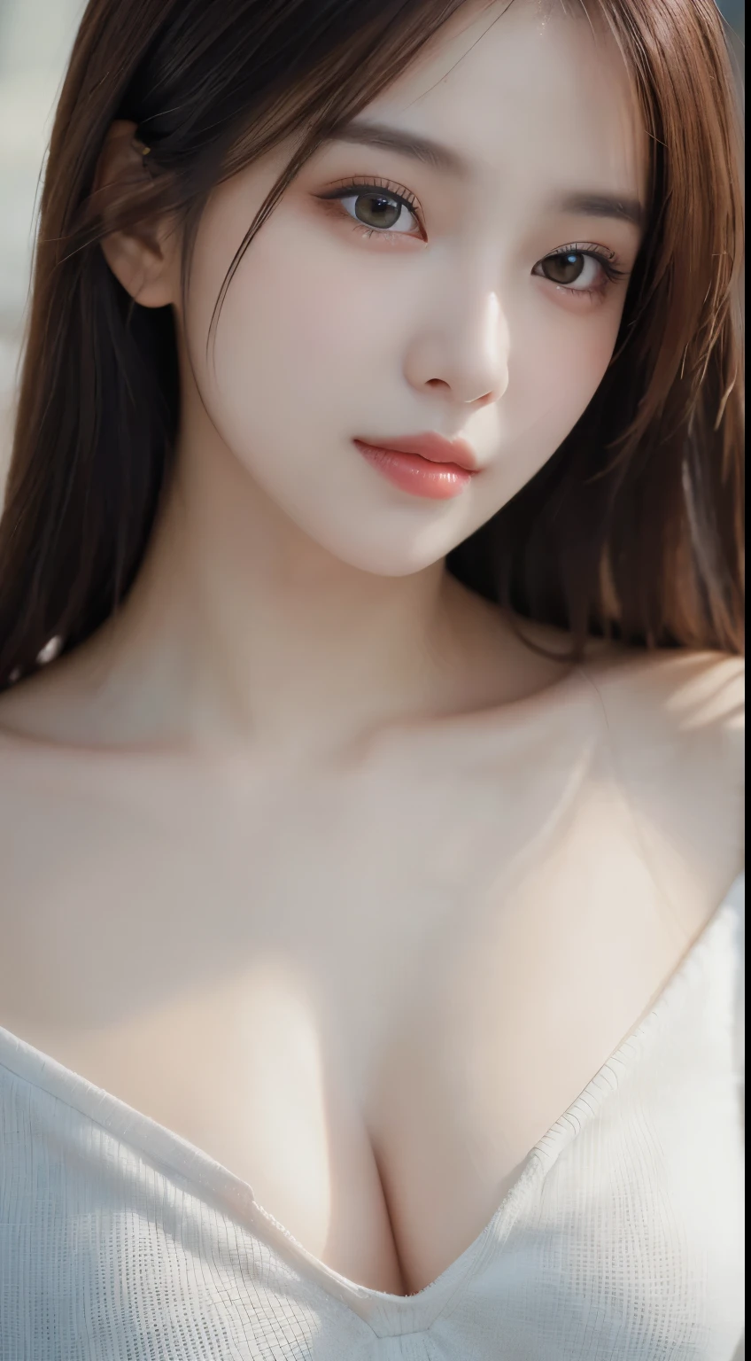 masutepiece, Best Quality, Ultra-detailed, finely detail, hight resolution,girl with１, asian human、White skin、SFW, not any dressed,(Exposed breasts:1.3),Detailed nipples、Realistic nipples、small areola、pink nipples、pale pink areola,peaceful smile,Hair Nude、double eye guay、Nasal muscle、Beautie、Ultra-detailed細, 、length hair、Black hair、Detailed chest、Sunny Beach,Cobalt Blue Sea、Realistic、Photorealsitic、boldness、A little upward、Invite gaze、(Mood up the body line:1.1)、(Improve skin texture:1.1)