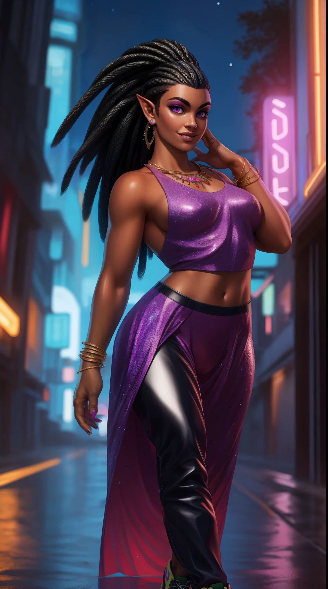 solo, human, female, 1girl, curvy, orc woman, (black hair), long hair, highlights, corn rows, braids, brown skin, purple eyes, long dress, glitter, eyeshadow, red shirt, breast, tight pants, earrings, neon dress, crop top, piercings, glossy lips, bracelets, detailed face, detailed eyes, white shirt, necklace, leather pants, sneakers, (cyberpunk), masterpiece, high quality, hi-res, 8k, hd), standing, close-view portrait, looking at viewer, night, outdoors, happy expression, Dancing,