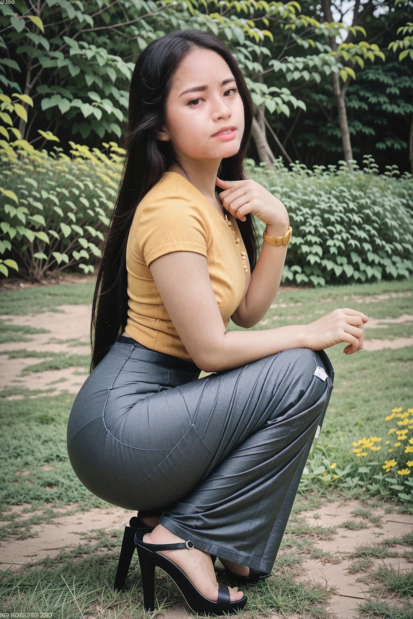 RAW photo, A pretty lady MoonLay with long hair is squatting, on the grass, in a vibrant flower garden, wears a long Indonesian batik black skirt and a black Indonesian batik shirt, Indonesia batik with intricate design, stiletto heel, Beautifully thick Body, acmm ss outfit, acmm long skirt, wearing acmm top, sandal heel, very attractive and beautiful, with lovely look, perfect sexy squatting pose, traditional clothes, very beautiful enga style, (high detailed skin:0.8), 8k uhd, dslr, soft lighting, HDR, warm light, high quality, film grain, Fujifilm XT3