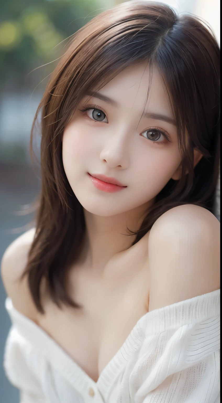 1 girl, very cute, wonderful face and eyes, (Highly detailed beautiful face), (Ultra realistic), (highly detailed eyes, highly detailed hair, highly detailed face, Highly detailed plump lips), naked, (off shoulder), chest, Upper body, looking for a smile, (highest quality:1.4), Raw photo, (realistic, photo-realistic:1.37), professional photography, cinematic light,