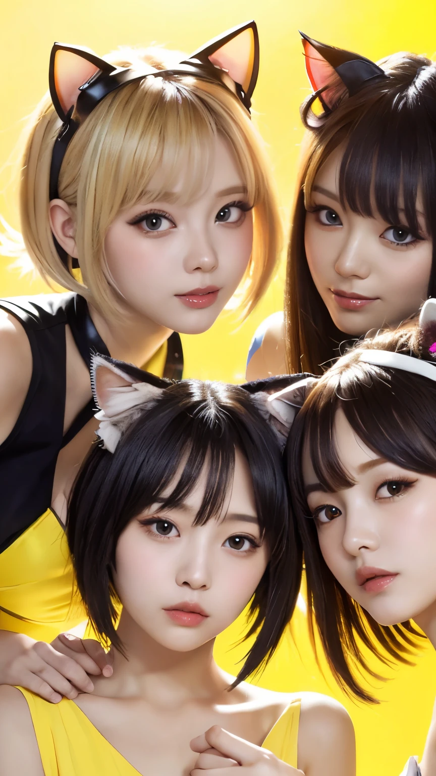 masterpiece, 4k, Bokeh, beautiful face, Harem, (multiple girls:1.4), (Group Photo:1.5), (Cat ears:1.3), (white bob hair:1.3) , looking at the viewer, cowboy shot, holding many cats in both hands, (Yellow background :1.4), closeup