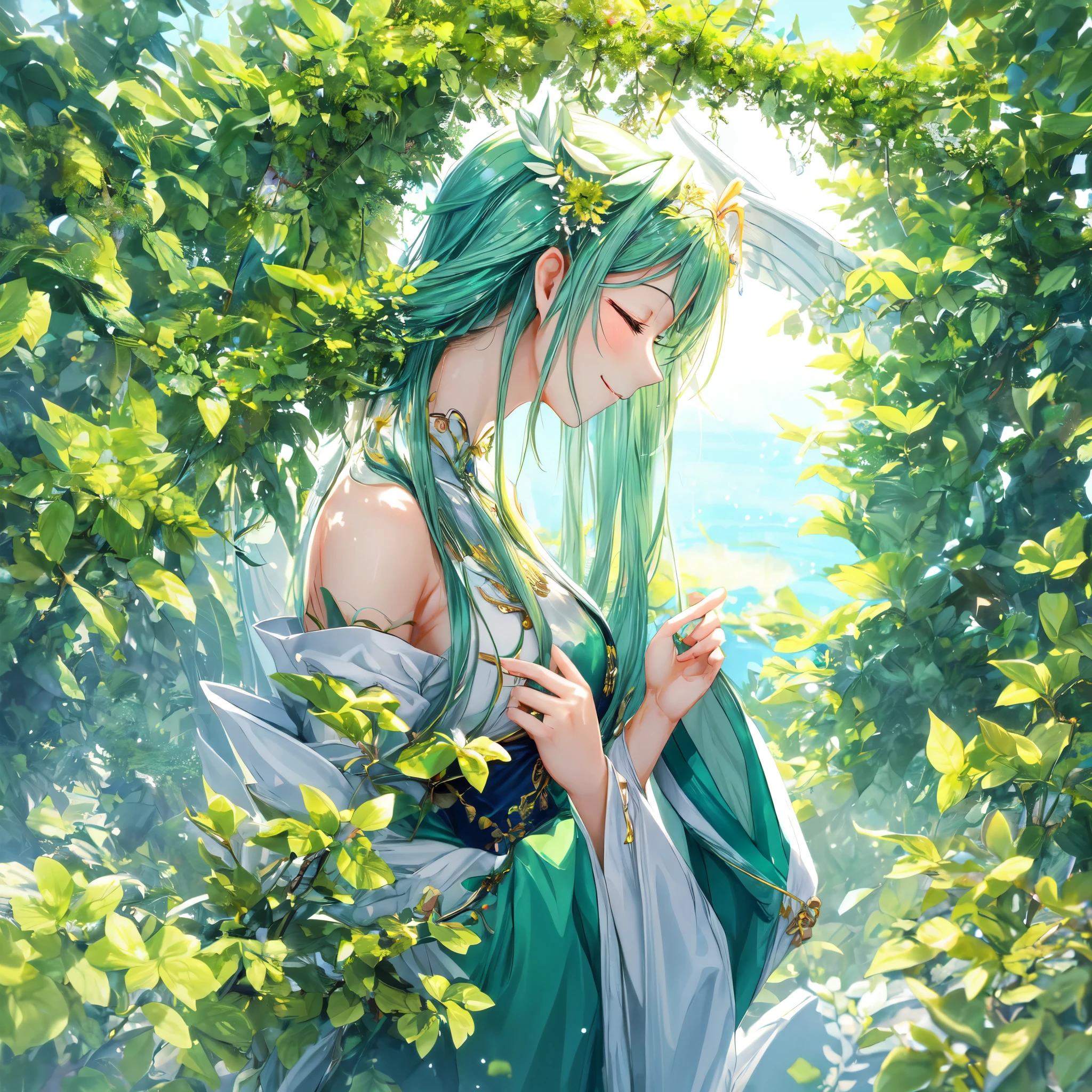A goddess with a gentle green aura。A profile with closed eyes and a gentle smile。from the shoulders up。be healed。for icons。