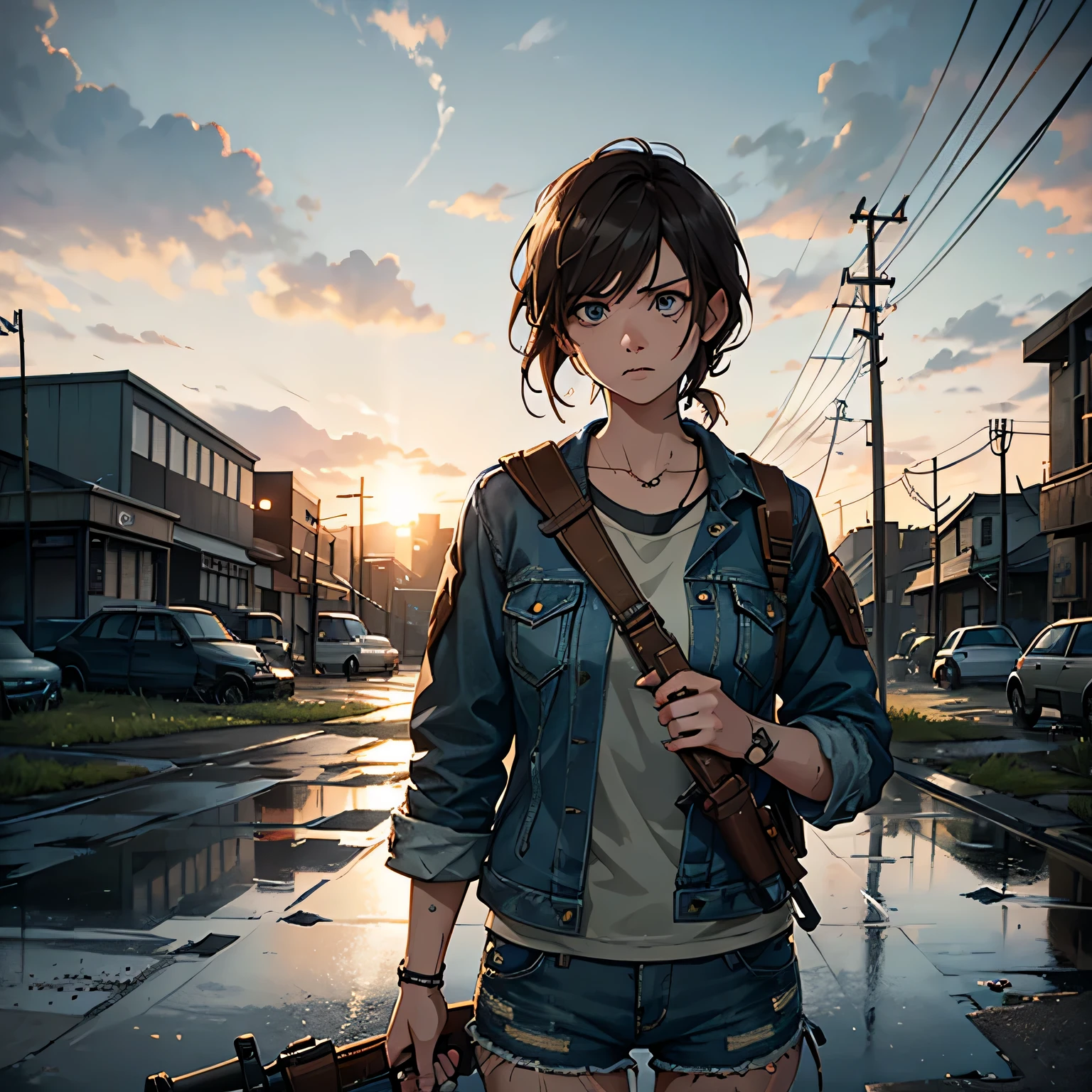 - Ellie's signature messy, short hair
- Wearing a weathered, denim jacket
- Holding a hunting rifle or bow
- Scar across her right eyebrow
- Intense, determined expression
- Background of a post-apocalyptic landscape or abandoned cityscape,  the last of us game 