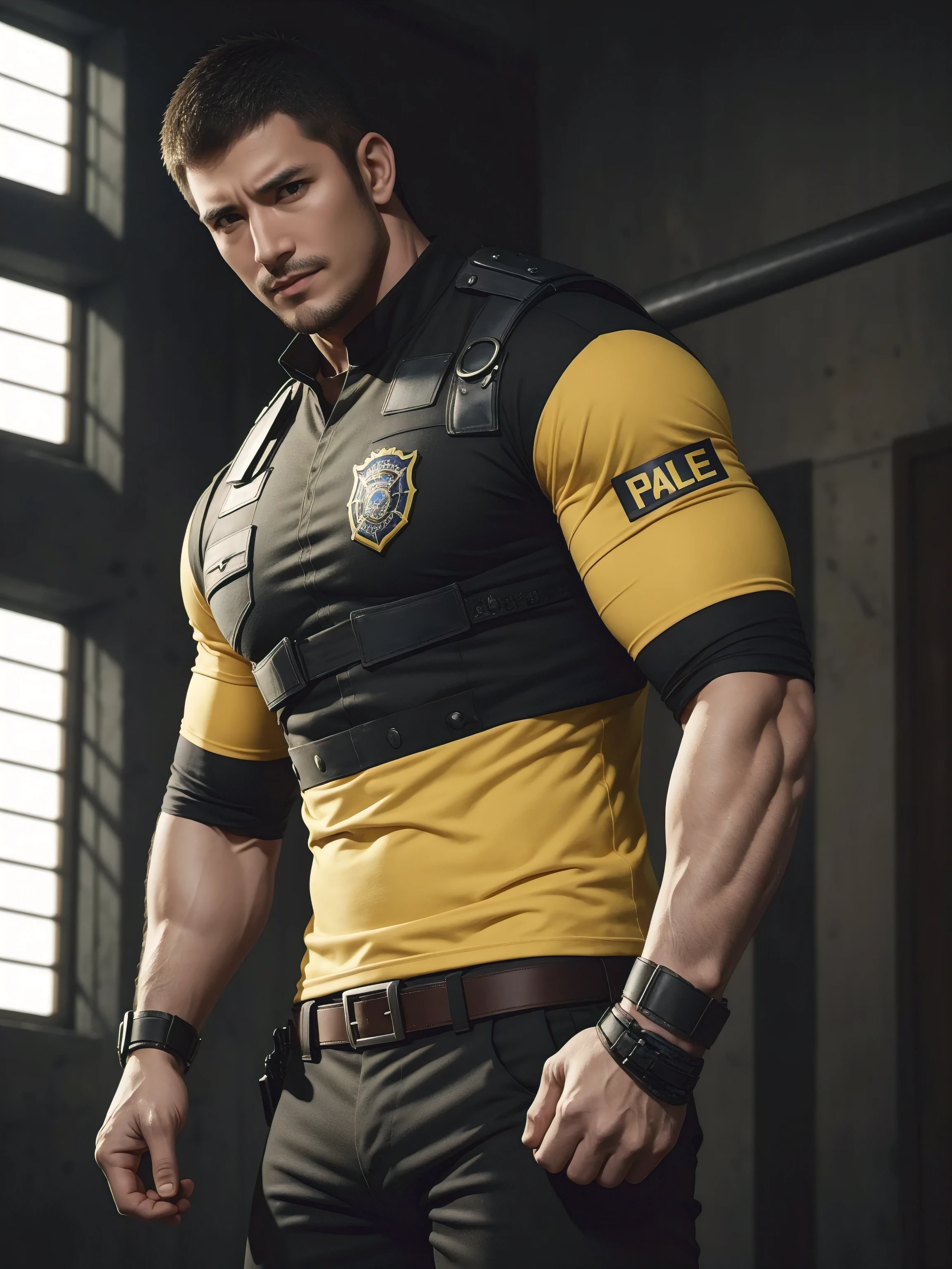 One Tall giant muscular肌肉男警官，he was angry，Yellow and black police uniform，Police uniform pants，Wear it over a shirt，character concept（Resident Evil - chris redfield，chris redfield）proud expression，Deep and charming eyes，heroic male pose，tall burly，muscular！muscular thighs，tough guy，perfect facial features，High, burly, Heqiang， Super gain and cool， high resolution committee，Charming strong man，The bright sunshine shines on the face through the window