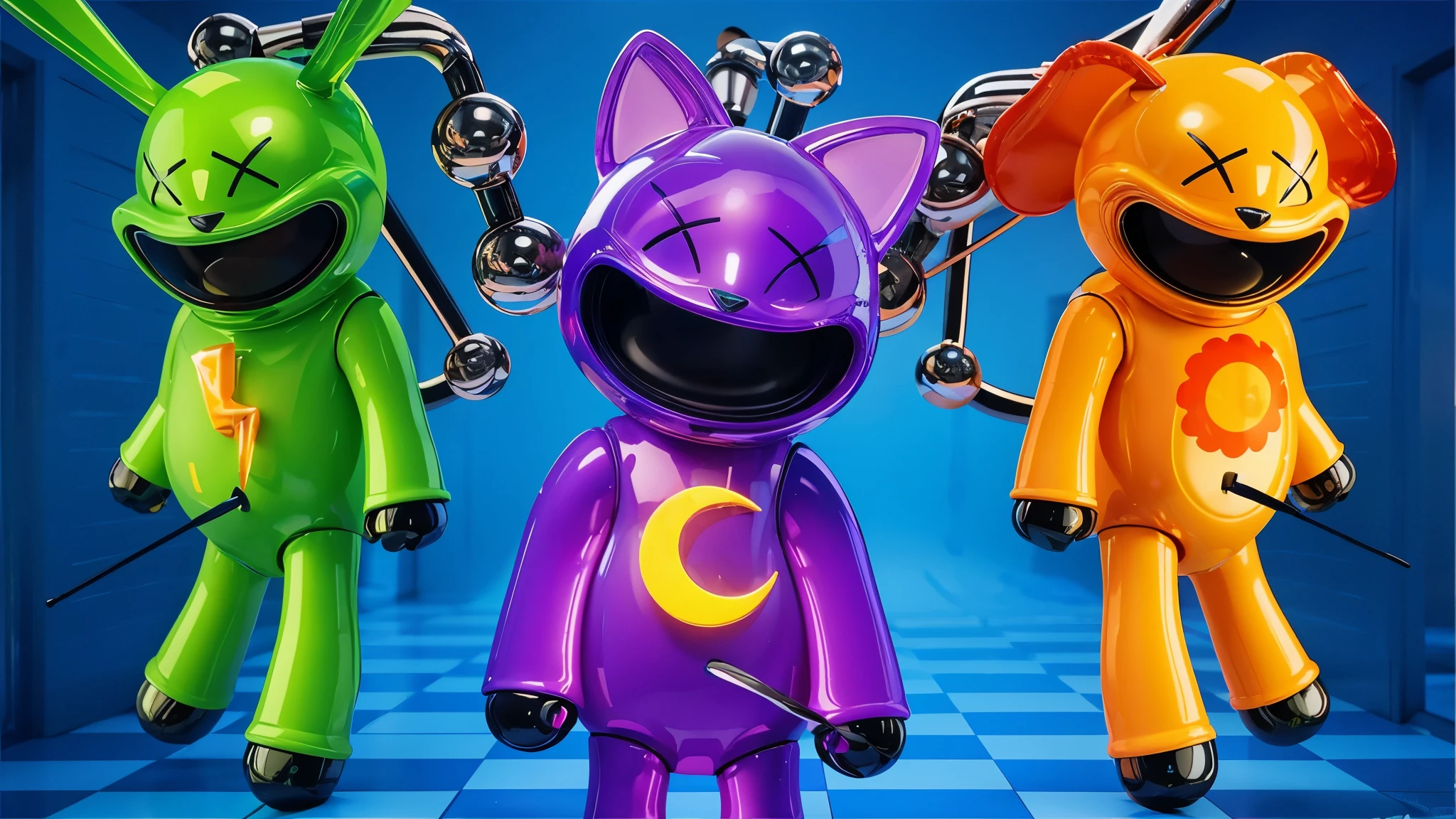 Крупный план The image shows three robots with different colored metal bodies and intricate patterns on their heads. they weigh pierced on sharp metal spiers цветной рендеринг zbrush. perfect cgi, cgi art created only with gradients, smooth silhouette, high intensity refraction, (plastic material), most beautiful vfx, blue background, plastic refractions, toy, glossy texture, smooth 3d model, multiple light sources, rim light, sharp post effects render, (glossy plastic texture with multiple big light probe refractions), perfect cgi, cgi art created only with gradients, smooth silhouette, high intensity refraction, (plastic material), most beautiful vfx, blue background, plastic refractions мультяшная Chucky style, animated character, 3rd character render, рендер 3rd character art, 3rd character, 3D character, Cartoon character, young woman, creepy young woman, Chucky, 3D rendering of characters 8k, Tuni, 3D rendering stylized