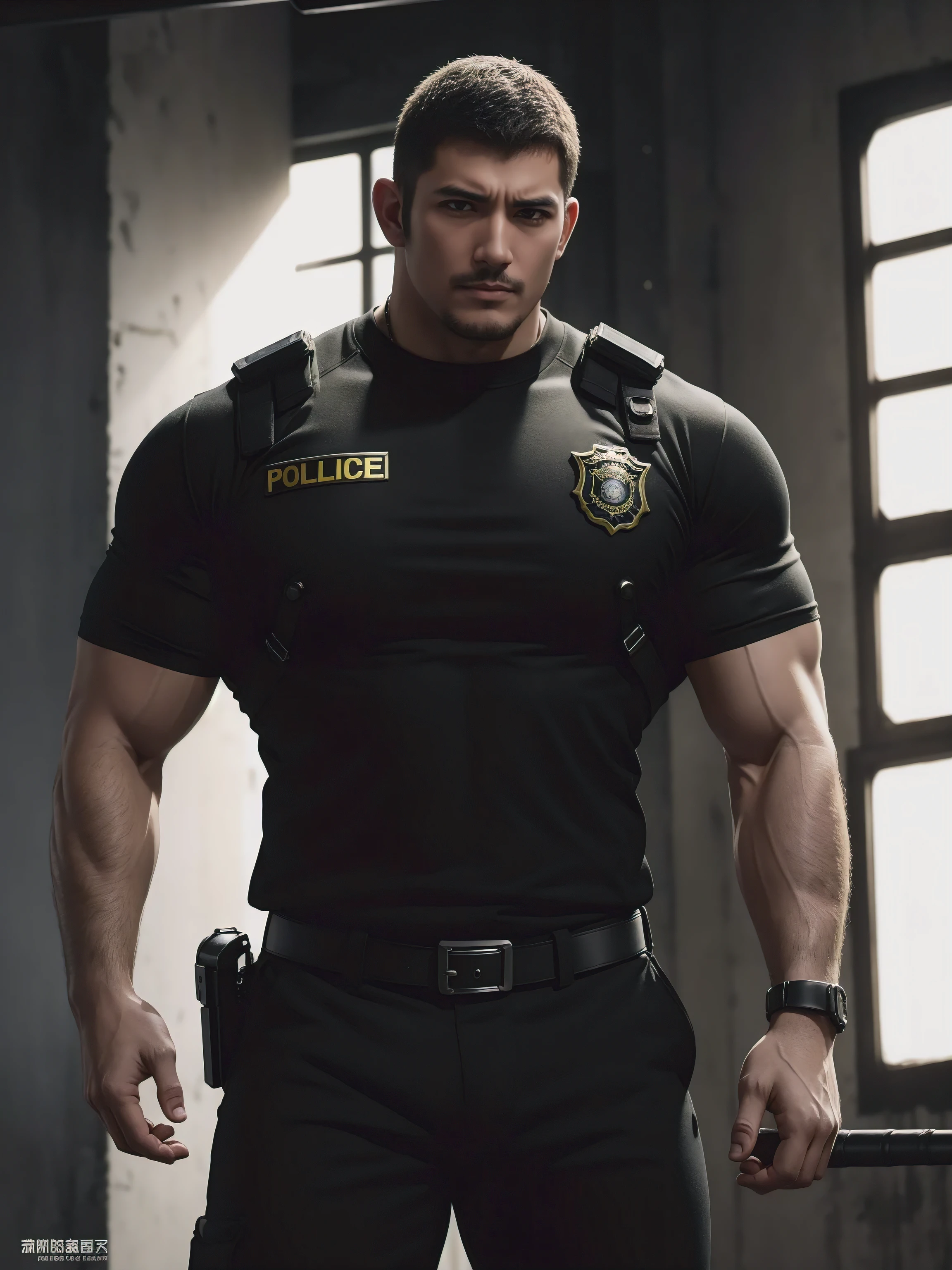 One Tall giant muscular肌肉男警官,he was angry,Yellow and black police uniform,Police uniform pants,Wear it over a shirt,character concept(Resident Evil - chris redfield,chris redfield)proud expression,Deep and charming eyes,heroic male pose,tall burly,muscular!muscular thighs,tough guy,perfect facial features,High, burly, Heqiang, Super gain and cool, high resolution committee,Charming strong man,The bright sunshine shines on the face through the window