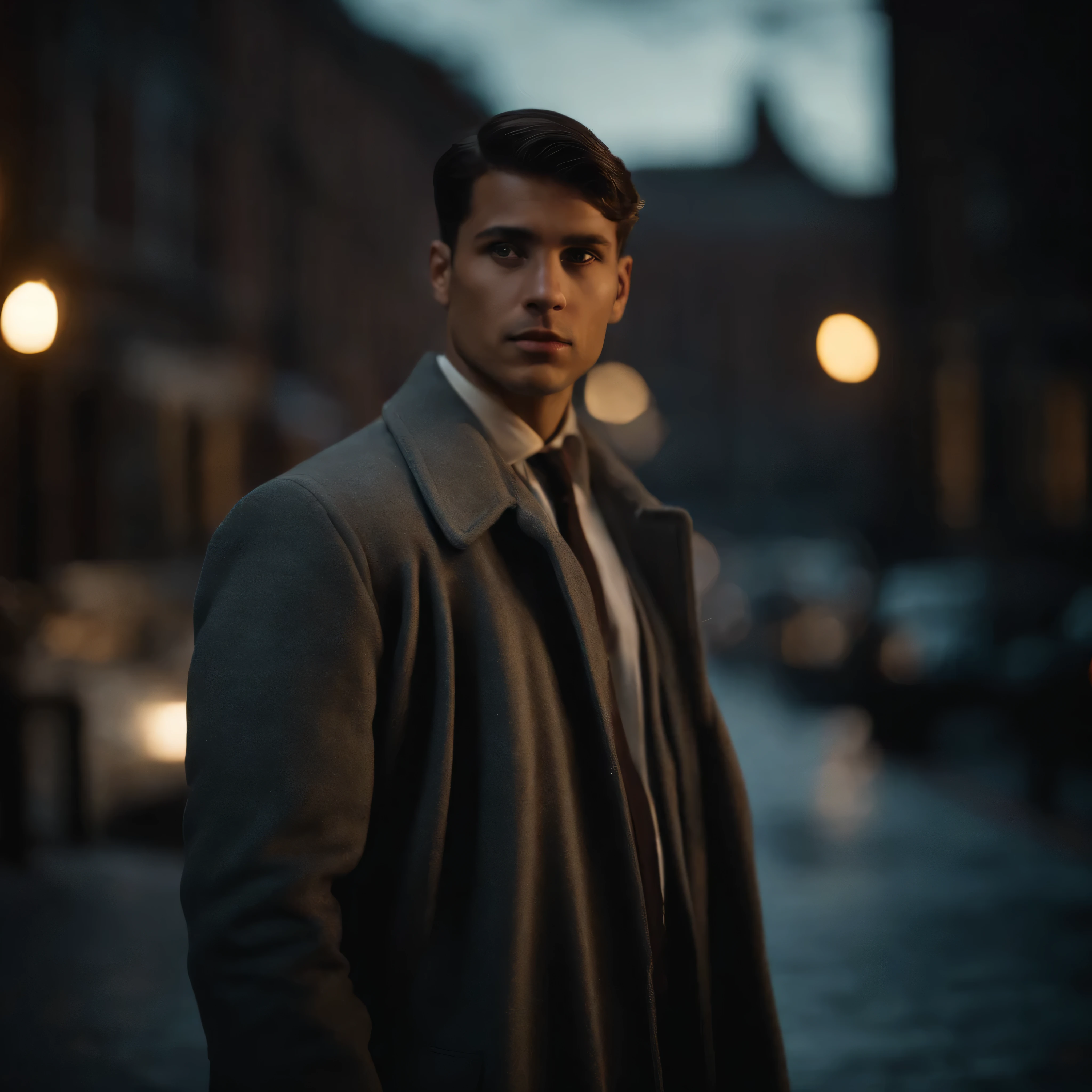 a confident young man detective with a sleek bobbed hairstyle cut and observant brown eyes, wearing a gray detective coat, is examining clues in a dimly lit crime scene, city, city light, depth of field