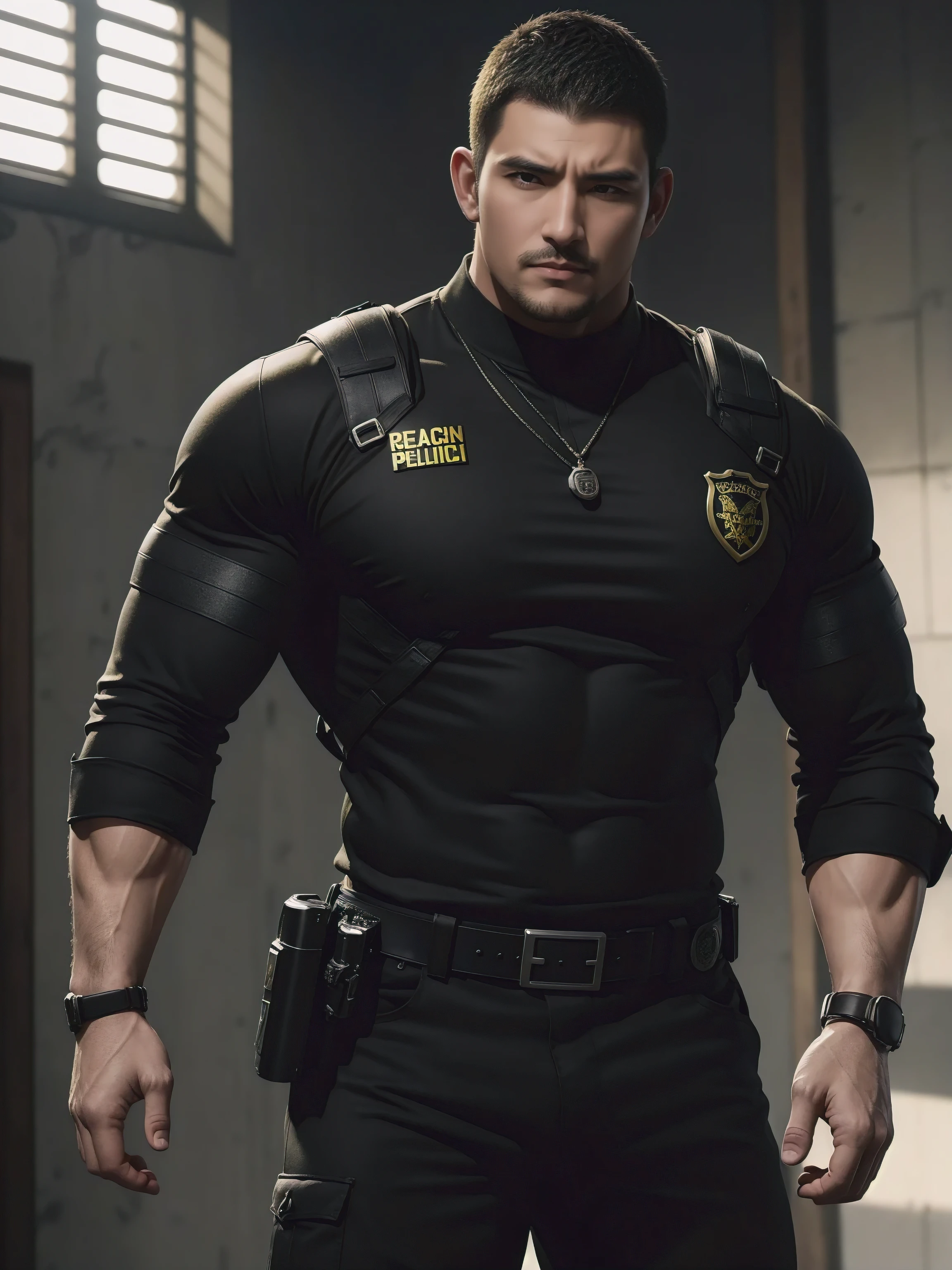 One Tall giant muscular肌肉男警官,he was angry,Yellow and black police uniform,Police uniform pants,Wear it over a shirt,character concept(Resident Evil - chris redfield,chris redfield)proud expression,Deep and charming eyes,heroic male pose,tall burly,muscular!muscular thighs,tough guy,perfect facial features,High, burly, Heqiang, Super gain and cool, high resolution committee,Charming strong man,The bright sunshine shines on the face through the window