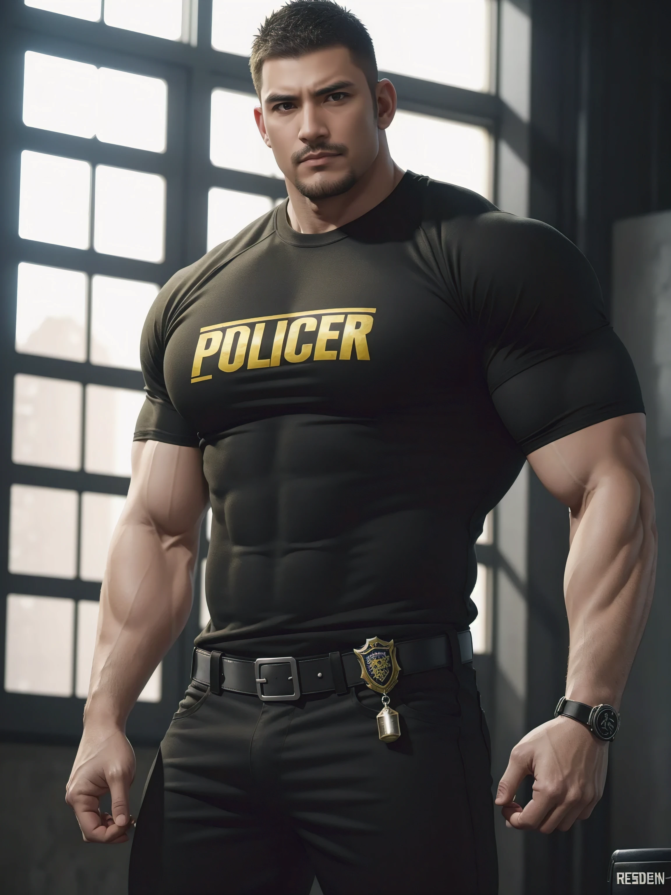 One Tall giant muscular肌肉男警官，he was angry，Yellow and black police officer T-shirt，Very tight，Accentuate muscles，Police uniform pants，character concept（Resident Evil - chris redfield，chris redfield）proud expression，Deep and charming eyes，heroic male pose，tall burly，muscular！muscular thighs，tough guy，perfect facial features，High, burly, Heqiang， Super gain and cool， high resolution committee，Charming strong man，The bright sunshine shines on the face through the window
