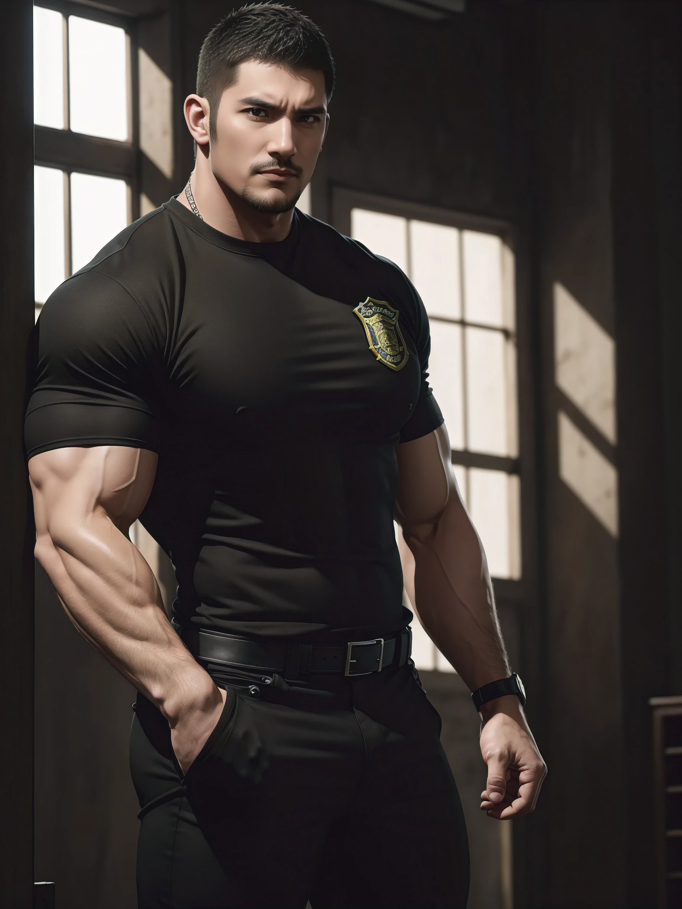 One Tall giant muscular肌肉男警官,he was angry,Yellow and black police officer T-shirt,Very tight,Accentuate muscles,Police uniform pants,character concept(Resident Evil - chris redfield,chris redfield)proud expression,Deep and charming eyes,heroic male pose,tall burly,muscular!muscular thighs,tough guy,perfect facial features,High, burly, Heqiang, Super gain and cool, high resolution committee,Charming strong man,The bright sunshine shines on the face through the window