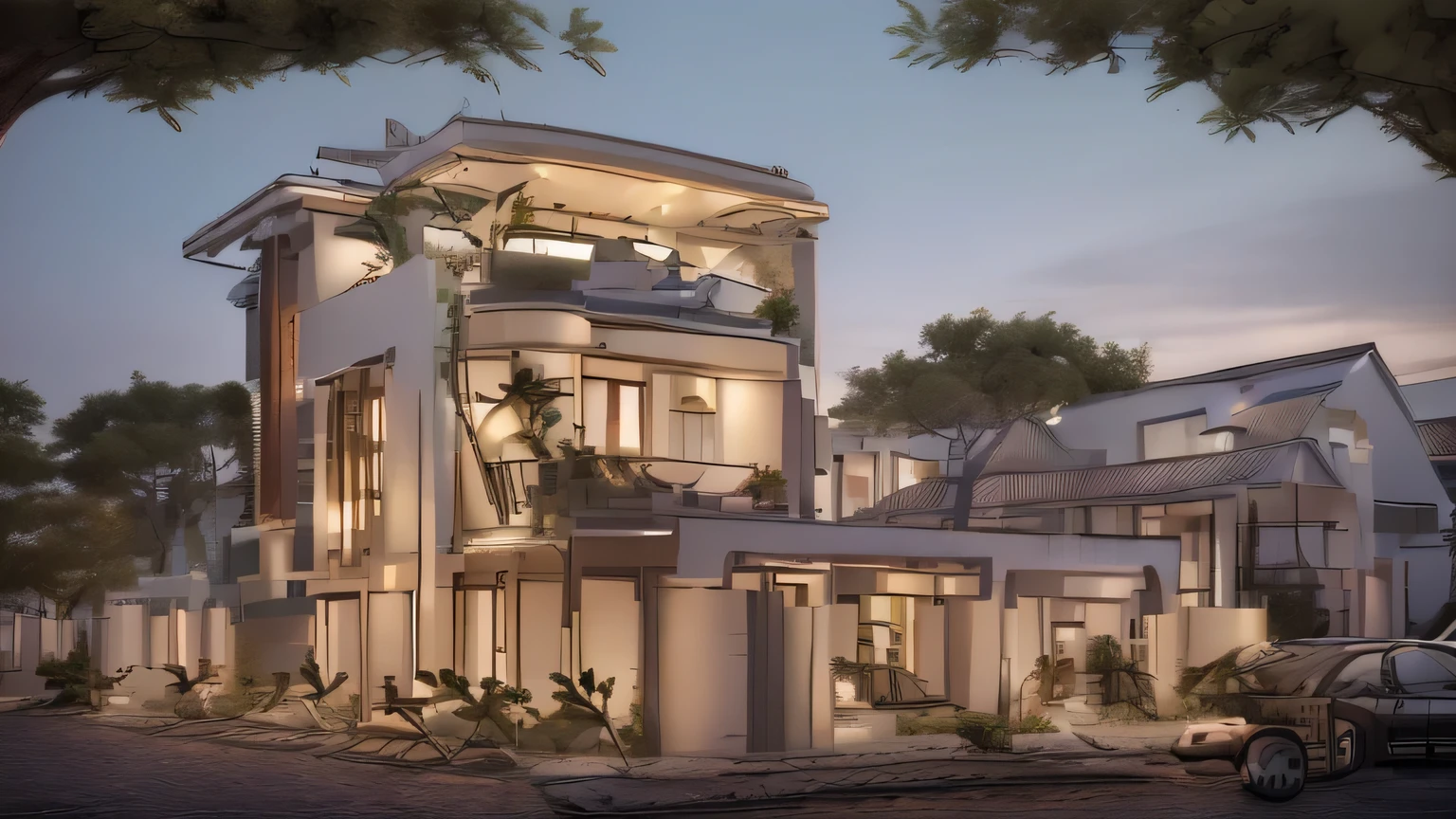 (Townhouse in cĩty ,close houses and trees), daylight ( best quality) ((high solution)) ,(( photo realistic)) ,warm light, (sharp focont view of townhouse in style of modern,small house, Narrow.
area,VietNam,facade, curved arch,beautiful facade,curved windown,narrow and long ,two-storey,mutual colours, soft lighting, warm atmosphere,high Resolution, hyper detailed,4k ,vray re
nder, octane render, hyper realistic, photography expert ,exterior design , professional photography, exterior photography,wide-angle shot, ultra detail, high Resolution., full frame, fuil bo.
dy