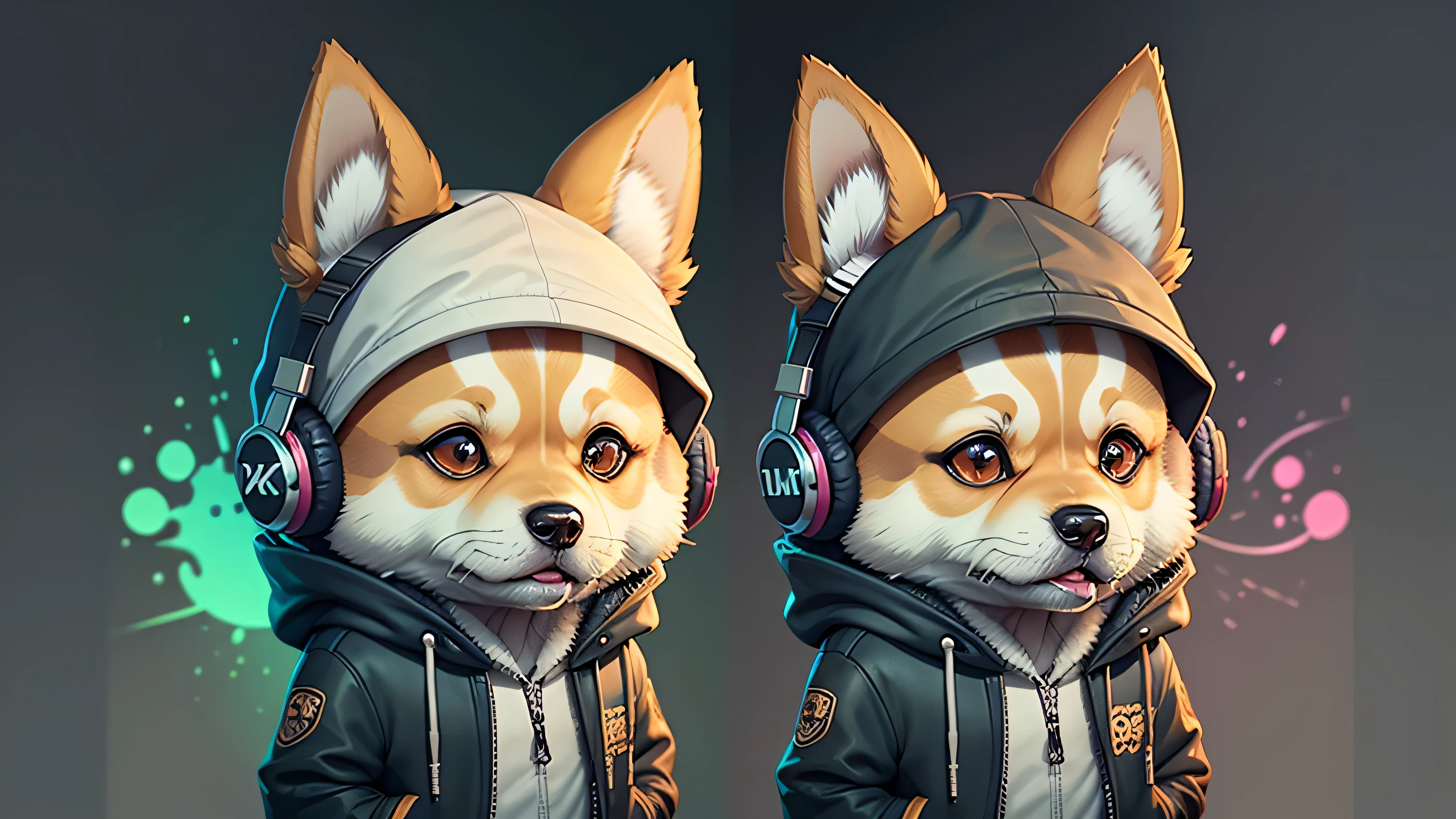 c4tt4stic, Cartoon dog breed Shiba Inu in jacket and headphones