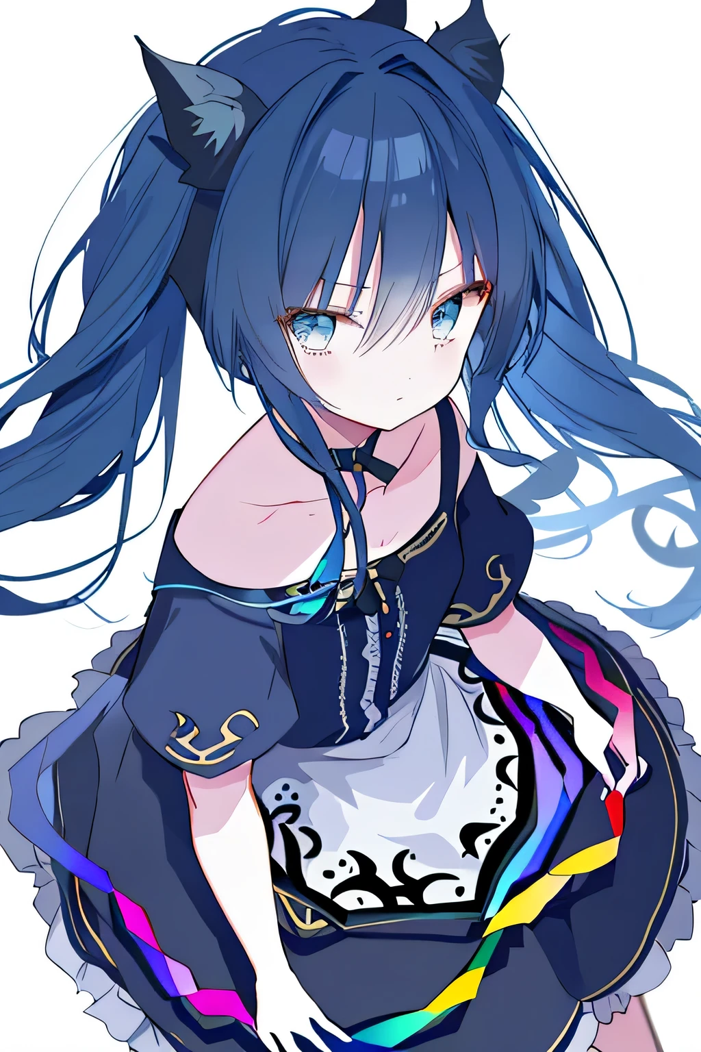 Masterpiece, high detal, Hyper-Resolution, 1girll, Solo, standing, The upper part of the body, Face only, Close-up, aqua hair, aqua eyes, , (Colored inner hair, Dark blue hair:1.2), Long hair, Wavy hair, hime-cut, Curly hair, side locks, Black shirt, High collar, Open collar, clavicle, Simple background, White background, boring background,