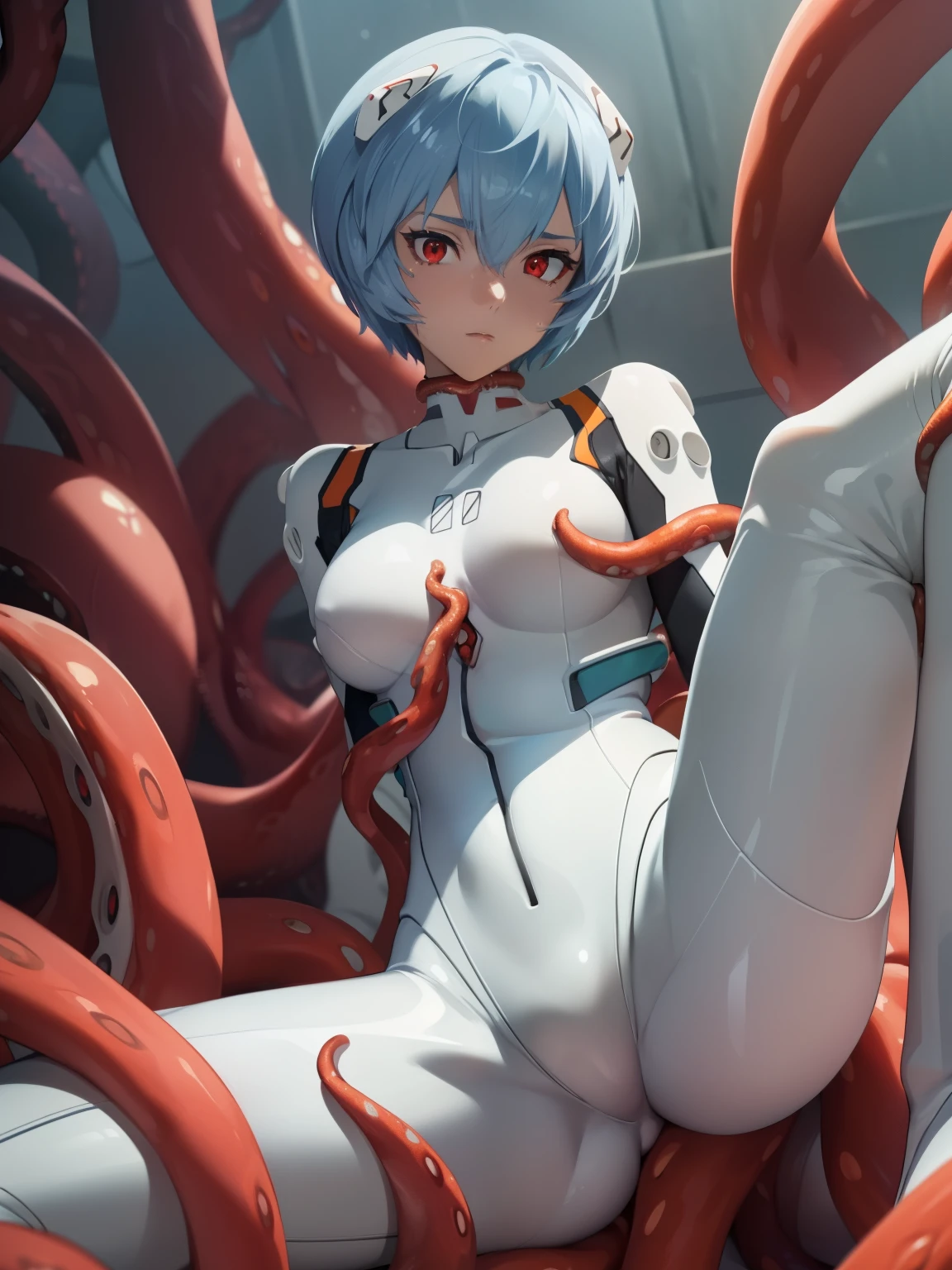 Leiayanami, rei ayanami, （blue short hair:1.5） ,make the head smaller、(white bodysuit:1.5), Perfect for your skin, perfect body,  (red eyes:1.5)), BREAK is watching the audience,  dark lighting、 High resolution, unity 8k wallpaper, (figure:0.8), (detailed and beautiful eyes:1.6), (highly detailed face:1.6),, (perfect hands, perfect anatomy),((spread your legs:1.3)),(Many tentacles touch my chest:1.6) 、(view of the universe:1.1),