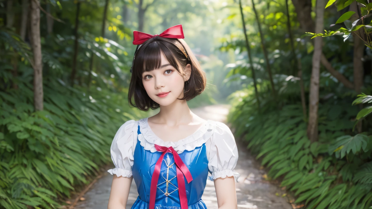 (alice in wonderland), 1-9-0, (She wears a large triangular ribbon on her head.), short hair, young woman, gentle smile, colorful clothes, in the deep forest, low key