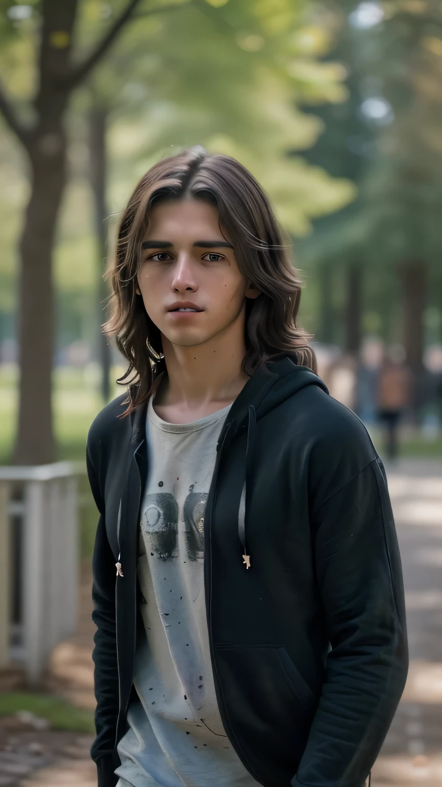 (8k, RAW photo, best quality, masterpiece:1.2), (realistic, photo-realistic:1.37), ultra-detailed, masterpiece HDR high quality Picture a young boy, , handsome man, long black messy hair to his shoulder, sharp eyes, blue hoodie, walking in the park, expressing a sense of perplexity and curiosity, with a touch of humor, creating a warm and relaxed atmosphere, captured in high resolution (best quality, 4k), with ultra-detailed features, realistic colors, and a touch of bokeh, reminiscent of a candid snapshot