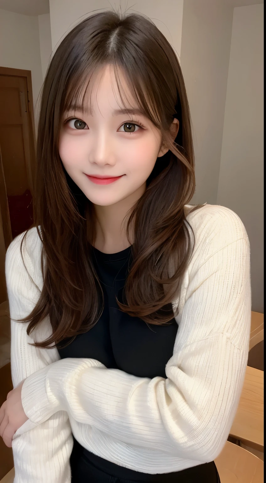 table top, highest quality, shape, Super detailed, finely, High resolution, 8k wallpaper, 完璧なダイナミックな構shape, beautiful and detailed eyes, straight hair, small breasts, natural color lip, random sexy pose,smile,20 year old girl、midnight、Beautiful and dense face、perfect and beautiful face,Big eyes、Raw photo、Expressing feminine poses with your whole body、beautiful and detailed eyes、small face、beautiful duplex、slim face and style,beautiful golden ratio face、long sleeve blouse、black shorts、smile