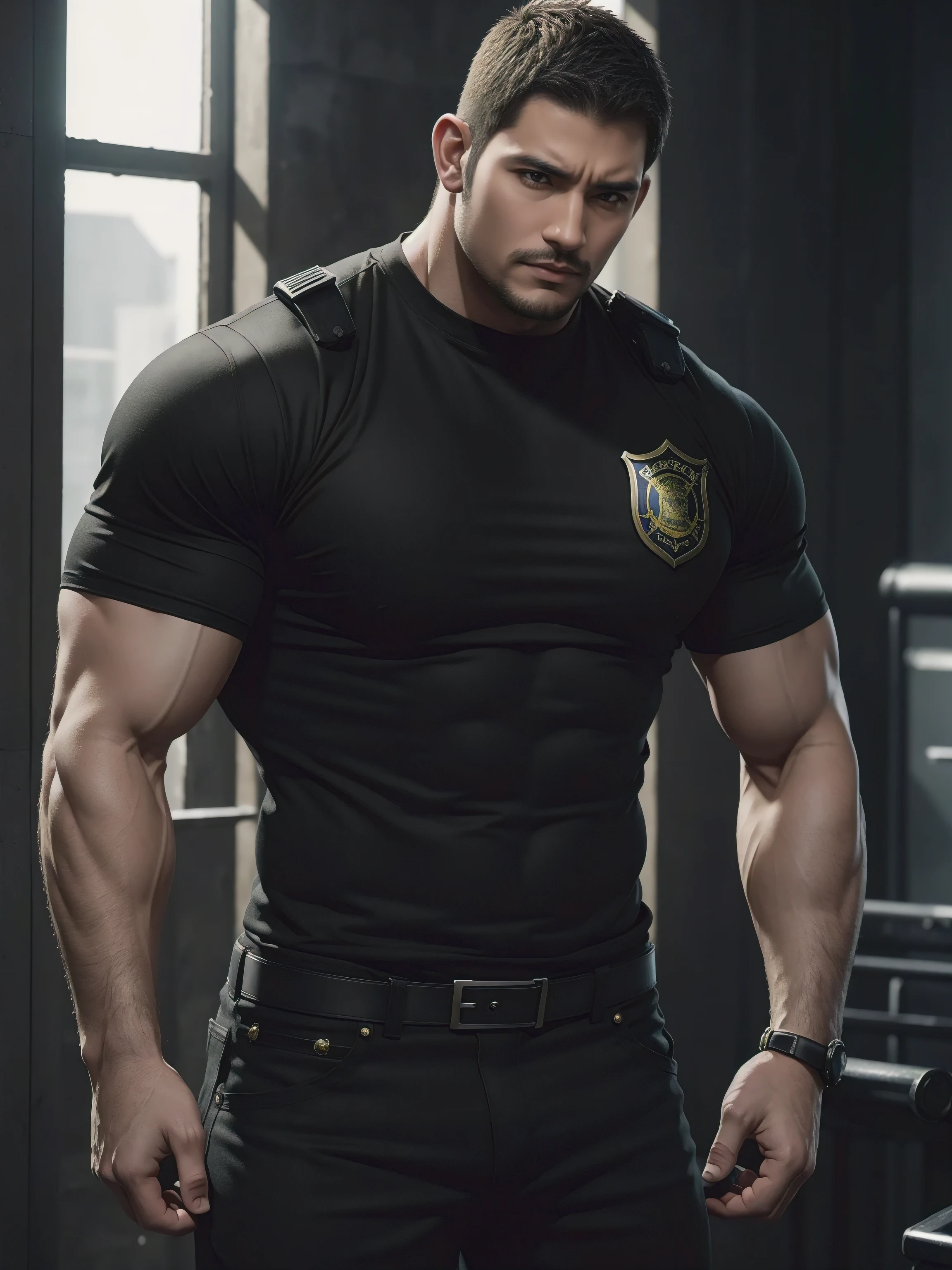 One Tall giant muscular肌肉男警官，Lift your chin slightly，he was angry，disheveled hair，There are obvious scars on the face，Yellow and black police officer T-shirt，Very tight，Accentuate muscles，Police uniform pants，character concept（Resident Evil - chris redfield，chris redfield）proud expression，Deep and charming eyes，heroic male pose，tall burly，muscular！muscular thighs，tough guy，perfect facial features，High, burly, Heqiang， Super gain and cool， high resolution committee，Charming strong man，The bright sunshine shines on the face through the window