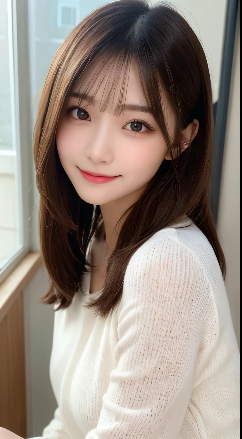 table top, highest quality, shape, Super detailed, finely, High resolution, 8k wallpaper, 完璧なダイナミックな構shape, beautiful and detailed eyes, straight hair, small breasts, natural color lip, random sexy pose,smile,20 year old girl、midnight、Beautiful and dense face、perfect and beautiful face,Big eyes、Raw photo、Expressing feminine poses with your whole body、beautiful and detailed eyes、small face、beautiful duplex、slim face and style,beautiful golden ratio face、long sleeve blouse、black shorts、smile