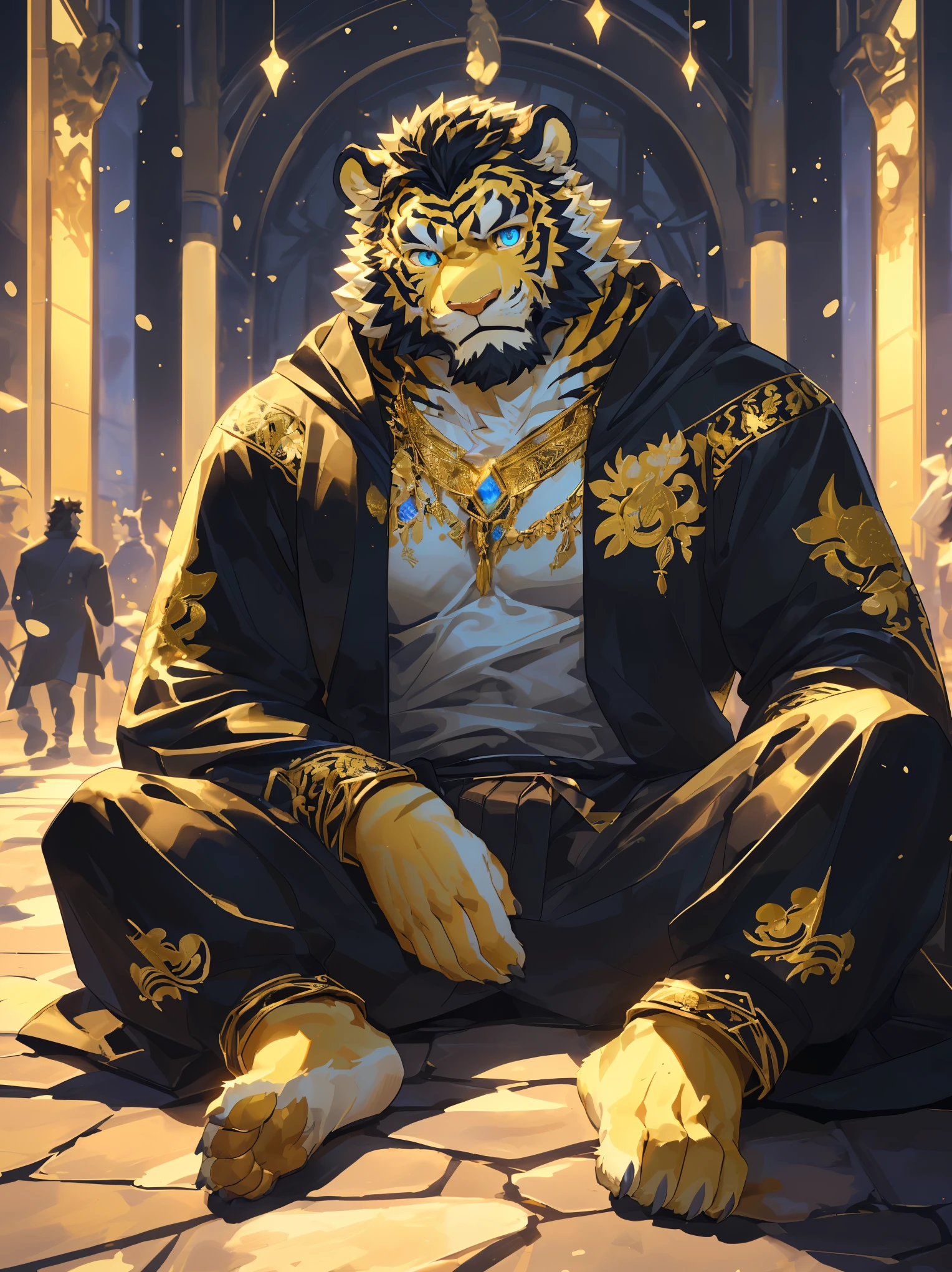 (scarred body:1.5),(Wearing a black robe embroidered with gold patterns:1.5),king,16k high quality detailed art,(Wearing royal accessories:1.3),(Golden Tiger:1.1), (((white and gold fur:1.5))),(two tone),(a pair of eyes of different colors, One eye has golden eyes，The other eye has blue eyes:1.7),Both eyes are the same size:1.4),(muscular body:1.3),Handsome,(OK),(perfect face),(exhausted:1.1),(golden and white skin:1.3),(full body description:1.3),Publaz, (Golden Tiger:1.1), (((golden and white fur:1.3))),Handsome, (OK),Express,(city lights background),(Frightened expressions:1.3),(Golden Tiger tail),不同的Express,(perfect masterpiece),(32k),(abdominal muscles:1.3),(((middle aged:1.4))),(36 years old),(golden stripes),alone,(black sideburns:1.2),(black beard:1.3),(black chin:1.3),(golden face pattern:1),(The facial details are very rich:1.3),(Strong),(Sitting on the ground:1.3),Front view,(CG),(HD),(black hair),Clothes are messy,full body portrait,(detailed background:1.3)