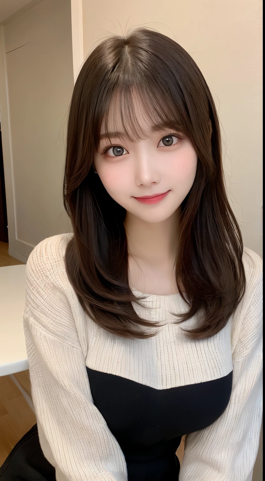 table top, highest quality, shape, Super detailed, finely, High resolution, 8k wallpaper, 完璧なダイナミックな構shape, beautiful and detailed eyes, straight hair, small breasts, natural color lip, random sexy pose,smile,20 year old girl、midnight、Beautiful and dense face、perfect and beautiful face,Big eyes、Raw photo、Expressing feminine poses with your whole body、beautiful and detailed eyes、small face、beautiful duplex、slim face and style,beautiful golden ratio face、long sleeve blouse、black shorts、smile