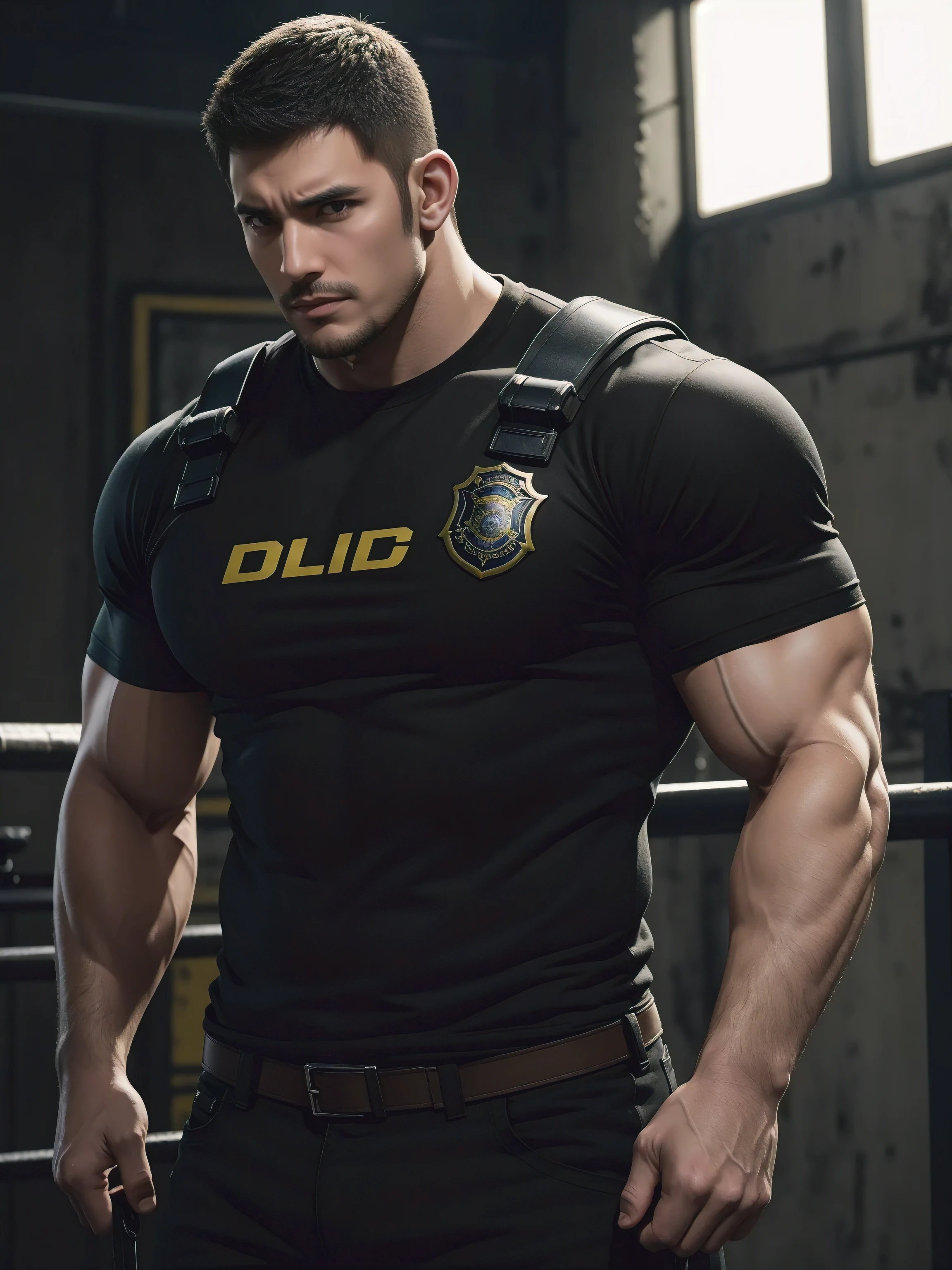 One Tall giant muscular肌肉男警官，Lift your chin slightly，he was angry，disheveled hair，There are obvious scars on the face，Yellow and black police officer T-shirt，Very tight，Accentuate muscles，Police uniform pants，character concept（Resident Evil - chris redfield，chris redfield）proud expression，Deep and charming eyes，heroic male pose，tall burly，muscular！muscular thighs，tough guy，perfect facial features，High, burly, Heqiang， Super gain and cool， high resolution committee，Charming strong man，The bright sunshine shines on the face through the window