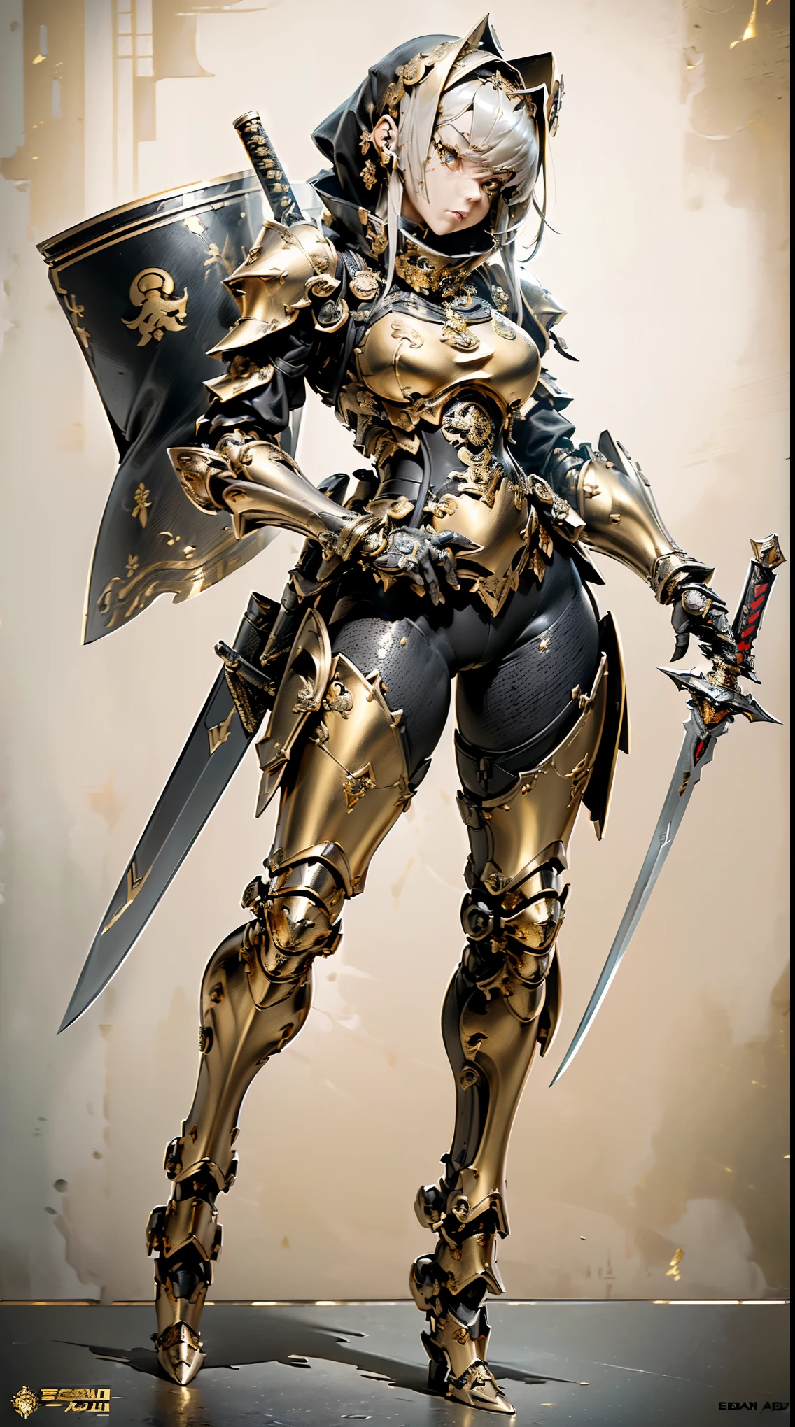 Extremely surrealist, Very detailed concept art, Mecha, (army:1.2), Glowing Skin, Extremely detailed modeling, whole body, (extremely ultra detailed Mechanical frame:1.4), Very intricate details, extremely ultra real Mechanical texture, Very fine and perfect hands, 8k, Extremely realistic texture, (masterpiece,Highest quality:1.2), (Realistic:1.4)Gatling Gun gold and silver gorgeous design 中世のgorgeous designの盾 Gorgeous medieval sword Realistic Intricate Design 32K whole bodyダイナミックなポーズ Girl