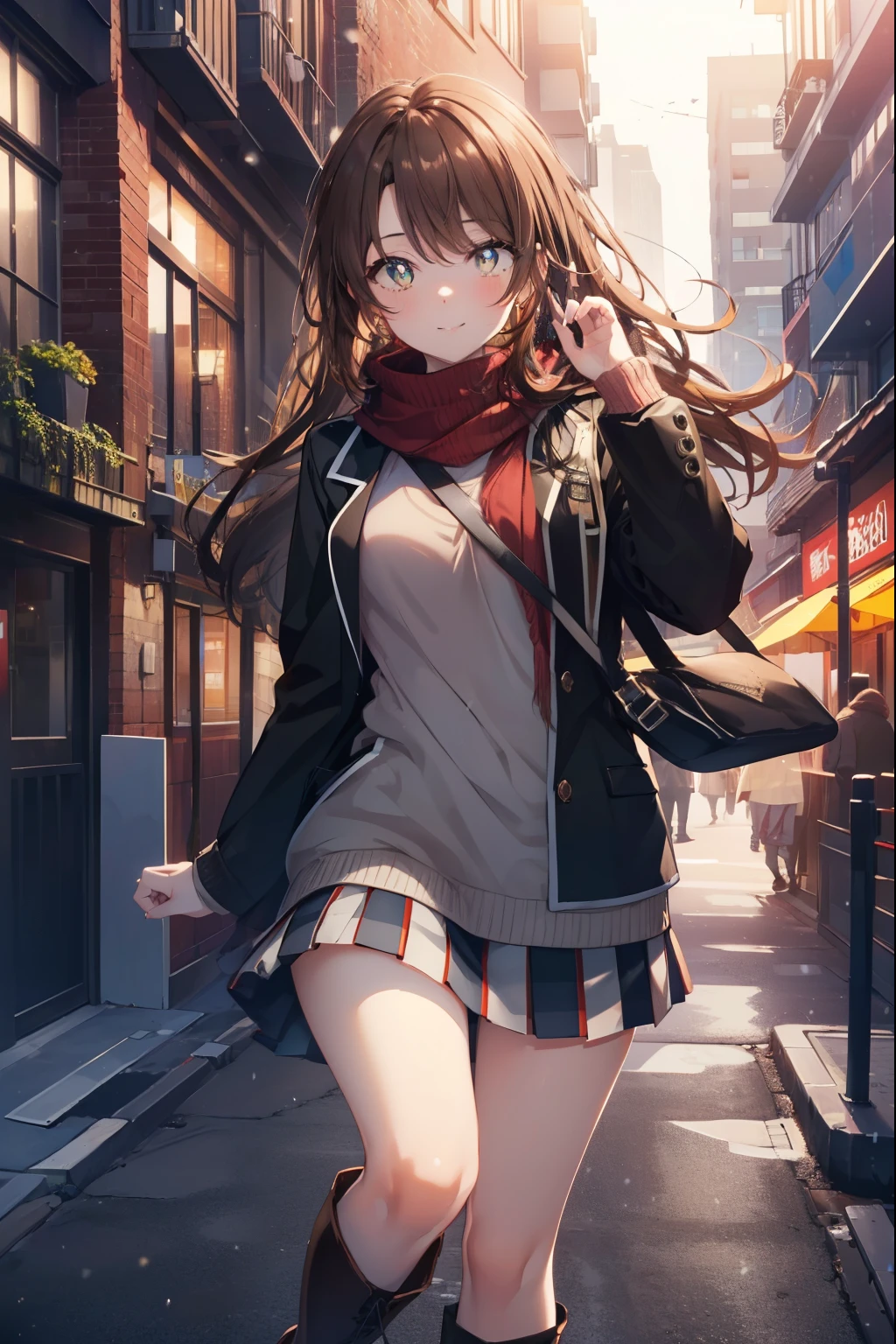 irohaisshiki, Isshiki Iroha, long hair, brown hair, (brown eyes:1.5), smile,blush,yellow long coat,sweater,red muffler,ankle length black long skirt,black tights,short boots,winter,that&#39;It&#39;s snowing,
break outdoors, city,building street,
break looking at viewer,
break (masterpiece:1.2), highest quality, High resolution, unity 8k wallpaper, (shape:0.8), (beautiful and detailed eyes:1.6), highly detailed face, perfect lighting, Very detailed CG, (perfect hands, perfect anatomy),