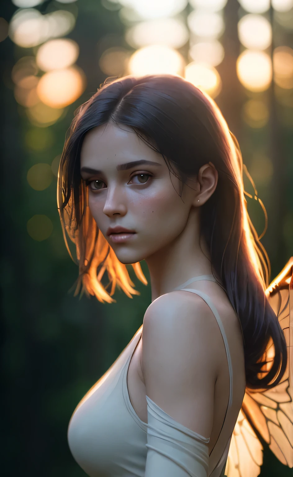 (masterpiece), (very complicated:1.3), (realistic), girl portrait, the most beautiful in the world, (bee-like wings), light reflection, Upper body, outdoor, intense sunlight, Distant Forest, Stunning female professional photo details, sharp focus, dramatic, Award history, cinematic lighting, Octane Rendering Unreal Engine, volumetrics dtx, (film grain, blurred background, blurred foreground, Bokeh, Depth of the bounds written, sunset, motion blur:1.3), Thin clothing