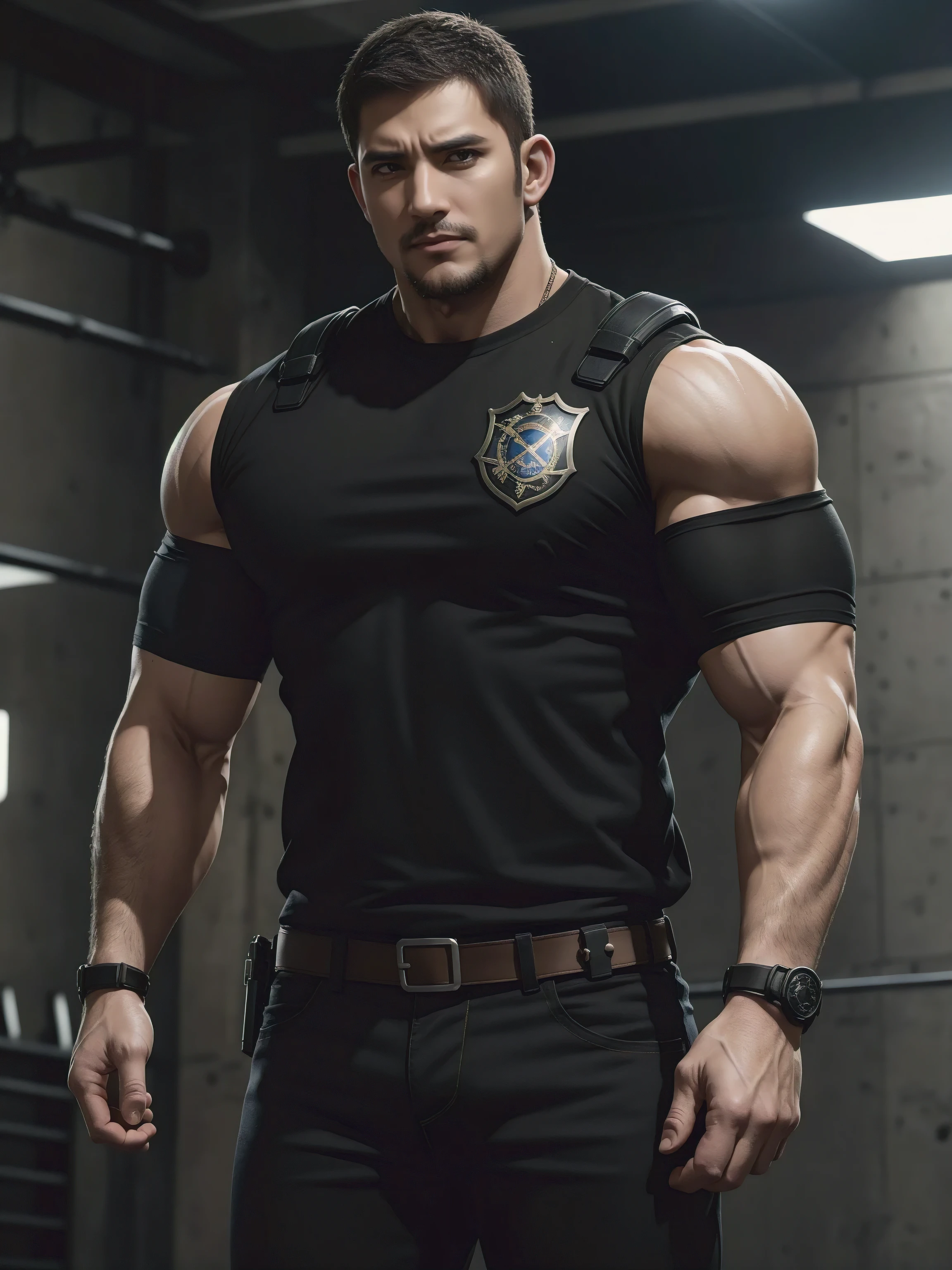 One Tall giant muscular肌肉男警官,Lift your chin slightly,he was angry,disheveled hair,There are obvious scars on the face,Yellow and black police officer T-shirt,Very tight,Accentuate muscles,Police uniform pants,character concept(Resident Evil - chris redfield,chris redfield)proud expression,Deep and charming eyes,heroic male pose,tall burly,muscular!muscular thighs,tough guy,perfect facial features,High, burly, Heqiang, Super gain and cool, high resolution committee,Charming strong man,The bright sunshine shines on the face through the window