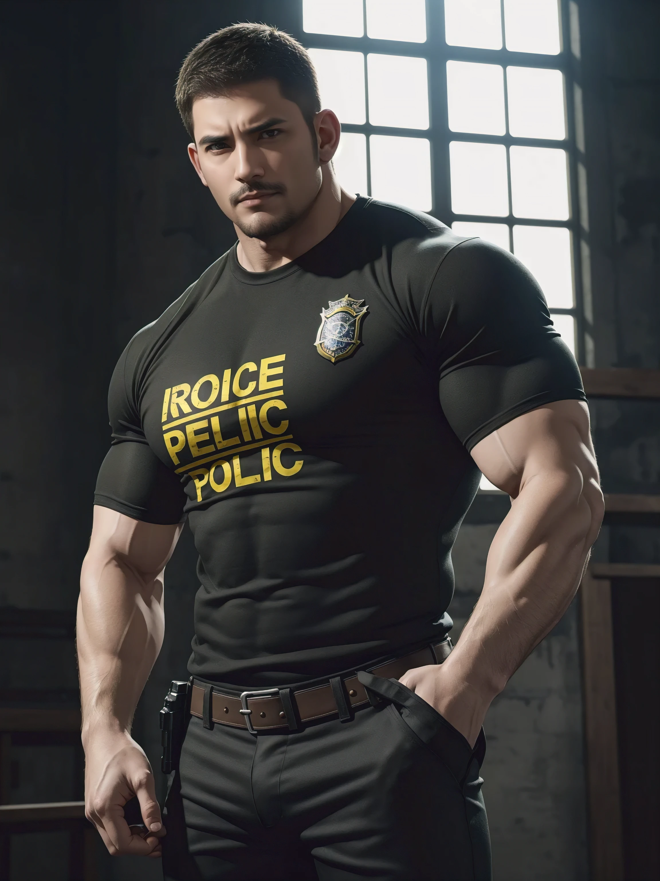 One Tall giant muscular肌肉男警官,Lift your chin slightly,he was angry,disheveled hair,There are obvious scars on the face,Yellow and black police officer T-shirt,Very tight,Accentuate muscles,Police uniform pants,character concept(Resident Evil - chris redfield,chris redfield)proud expression,Deep and charming eyes,heroic male pose,tall burly,muscular!muscular thighs,tough guy,perfect facial features,High, burly, Heqiang, Super gain and cool, high resolution committee,Charming strong man,The bright sunshine shines on the face through the window
