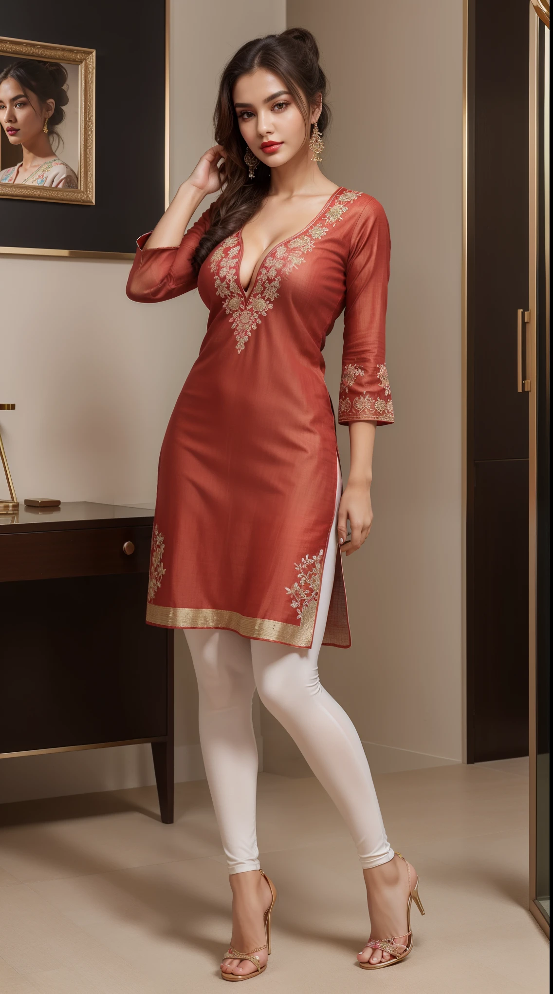 (full body shot), (inspired by Amy Jackson), A beautiful Indian women wearing a net kurta, (knee length kurta, laces kurta, net sleeve, skinny salwar), perky breasts, deep neck, Indian outfits, beautiful suit, gorgeous looking, ultra detailed face, red lips, high heel, high quality picture, candid picture, ultra detailed face, realistic face, Indian outfits, Indian traditional, elegant costumes, ,1 girl