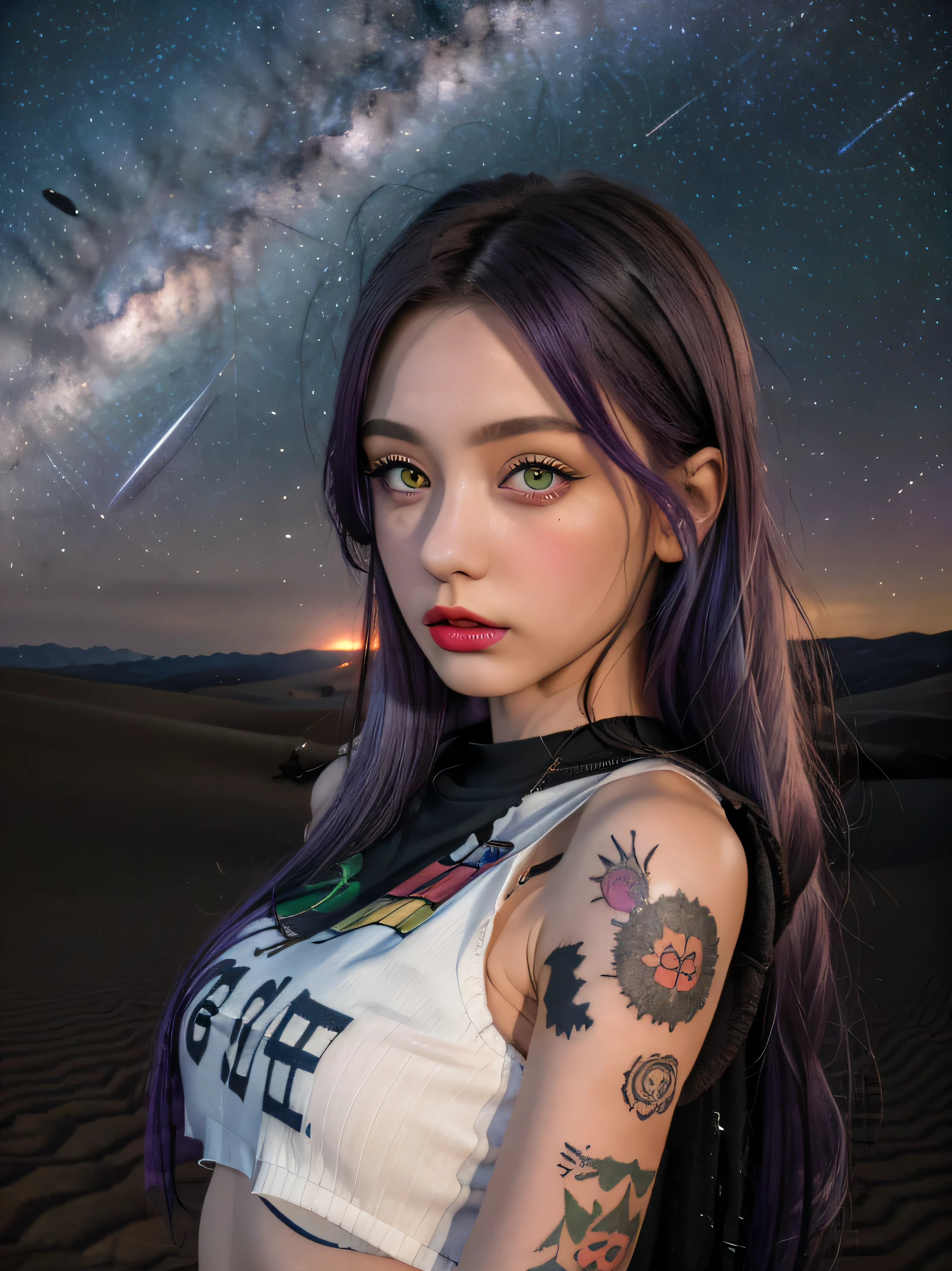(8k), (highest quality), (best details)space base、Milky Way、purple hair、Purple Eyes、tattoo、There's a cute French girl、Completely naked、big breasts、unlimited、white skin、Massive black hole、Pussy