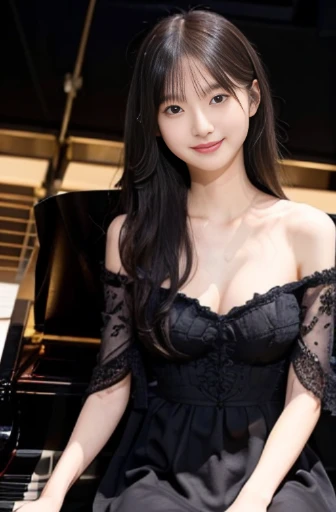 best quality, detailed, beautiful, insanely detailed, absurdres,perfect anatomy,
Japanese woman,black hair,27 years old,
(slender),
(small breasts),
concert hall, delightful, smiling, sitting, center part, beautiful long dress, with a piano,Scene of playing the piano on stage