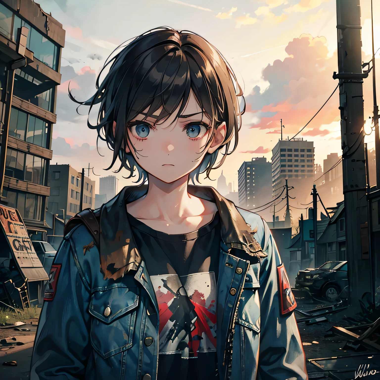 - Ellie's signature messy, short hair
- Wearing a weathered, denim jacket
- Holding a hunting rifle or bow
- Scar across her right eyebrow
- Intense, determined expression
- Background of a post-apocalyptic landscape or abandoned cityscape, the last of us game