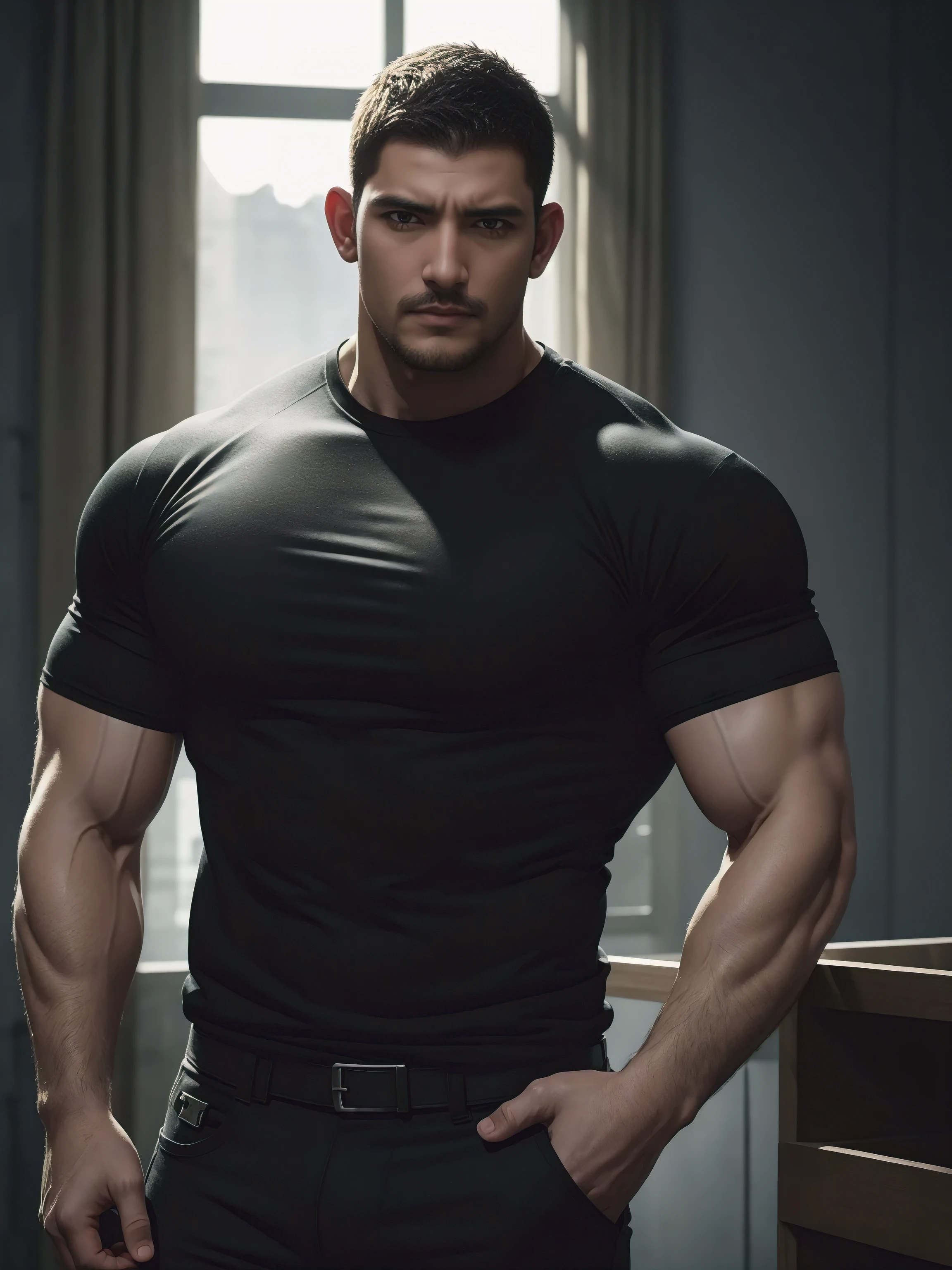 One Tall giant muscular肌肉男警官,Stretch tight T-shirt,Lift your chin slightly,he was angry,disheveled hair,There are obvious scars on the face,Yellow and black police officer T-shirt,Very tight,Accentuate muscles,Police uniform pants,character concept(Resident Evil - chris redfield,chris redfield)proud expression,Deep and charming eyes,heroic male pose,tall burly,muscular!muscular thighs,tough guy,perfect facial features,High, burly, Heqiang, Super gain and cool, high resolution committee,Charming strong man,The bright sunshine shines on the face through the window
