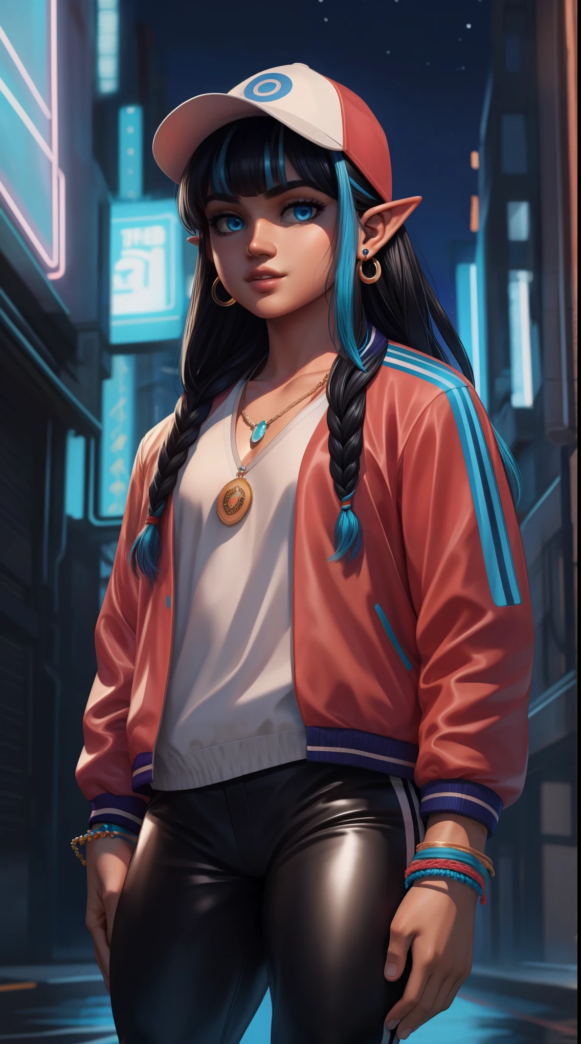 solo, human, female, 1girl, curvy, elf woman, (black hair), long hair, highlights, bangs, braids, baseball cap, tan skin, light blue eyes, letterman jacket, t-shirt, eyeshadow, white shirt, breast, tight pants, neon straps, earrings, glossy lips, bracelets, detailed face, detailed eyes, white shirt, necklace, leather pants, black sneakers, (cyberpunk), masterpiece, high quality, hi-res, 8k, hd), standing, close-view portrait, looking at viewer, night, outdoors, happy expression, pose,