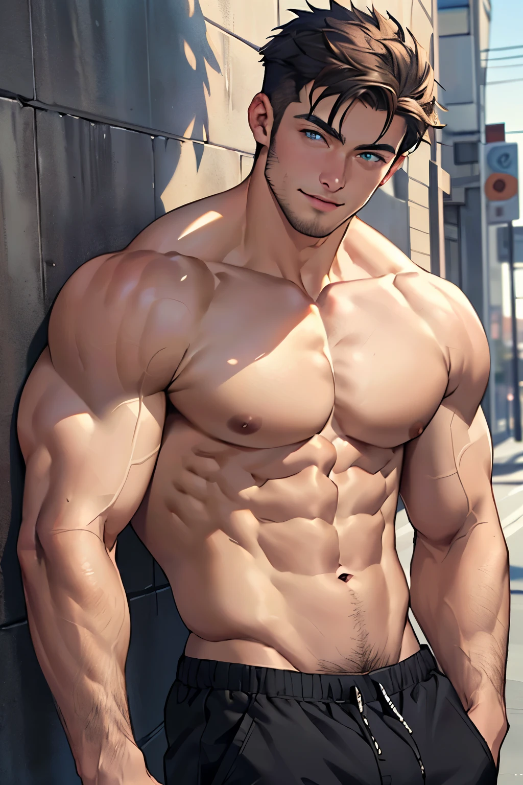 ((the best quality)), ((Masterpiece)), (details), perfect face, high definition, Masterpiece,4k,details clearly, Handsome face, white skin, perfect body, male body, strong muscles, abdomen, blue eyes, white skin, The most handsome man in the world, handsome, The coolest face, Male characters, close image (1man, shirtless), young man, mischievous smile, Extremely muscular tall man, open your eyes ((detailed eyes)), huge, muscular body and Massive, bulging pecs, muscular abs, narrow waist, short hair, blue eyes, delicate big eyes, carefree expression, clear face, handsome (detailed face, perfect face) ((extremely realistic shadows, bodybuilding posture, human, ((22-year-old young man)), V shape, athletic pants, athletic, Shirtless, Sunlight, Street wall, lower pants, topless, close up look, CG sense, Textured skin, the best quality, Storytelling images, athletic fashion, low your pants, sexy pose