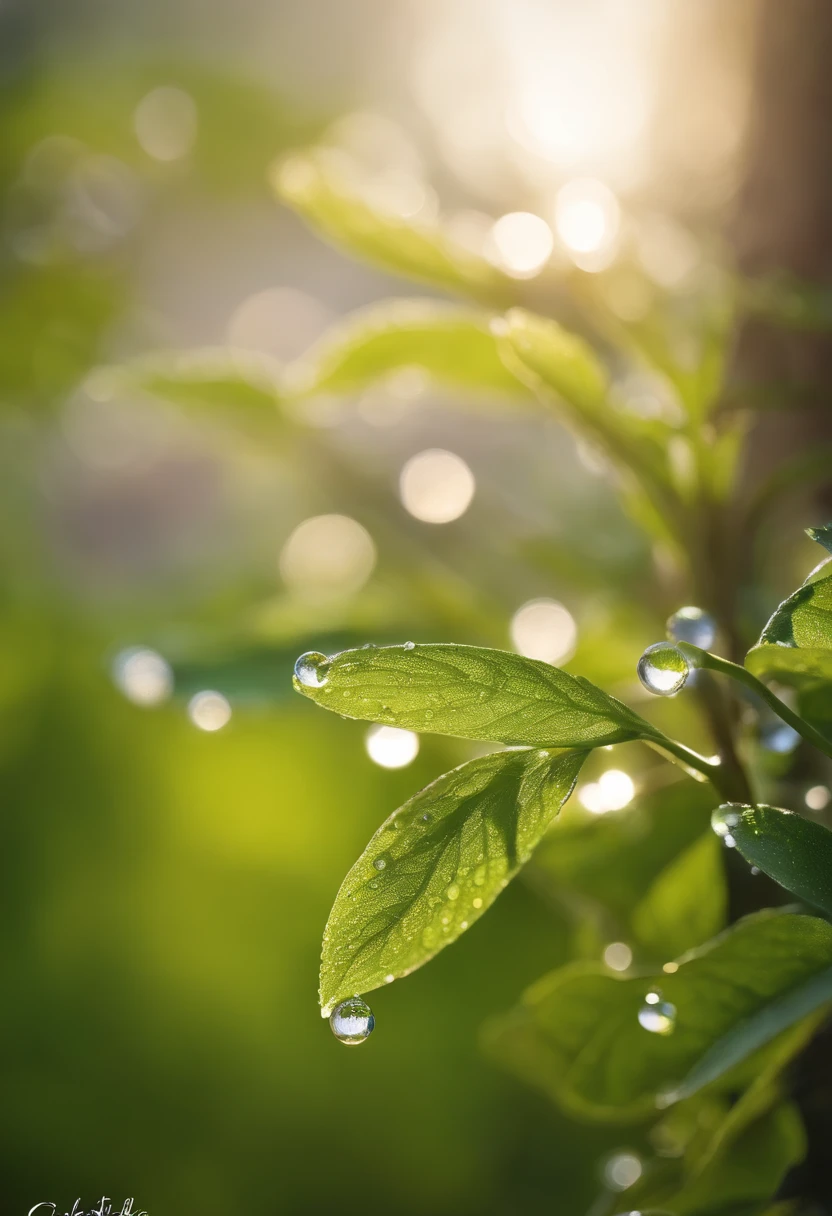 Glimmer in the morning. The glimmer of the rising sun in the spring morning shines through the gaps between the leaves.，Create a warm atmosphere。(Close-up of leaves with dewdrops in the upper corner of the image)

            The rising sun，shed a soft light，Create a peaceful atmosphere in the early morning，The grass is covered with crystal clear morning dew，Feel the refreshing coolness, the shimmer, and the new green buds all have the characteristics and charm of spring.。Early morning sun、The blooming of elegant flowers, a joyful moment on a spring morning, super detailed quality，meticulous，HD super complex，Extremely complex, soft and natural light and shadow , masterpiece,Realistic top works