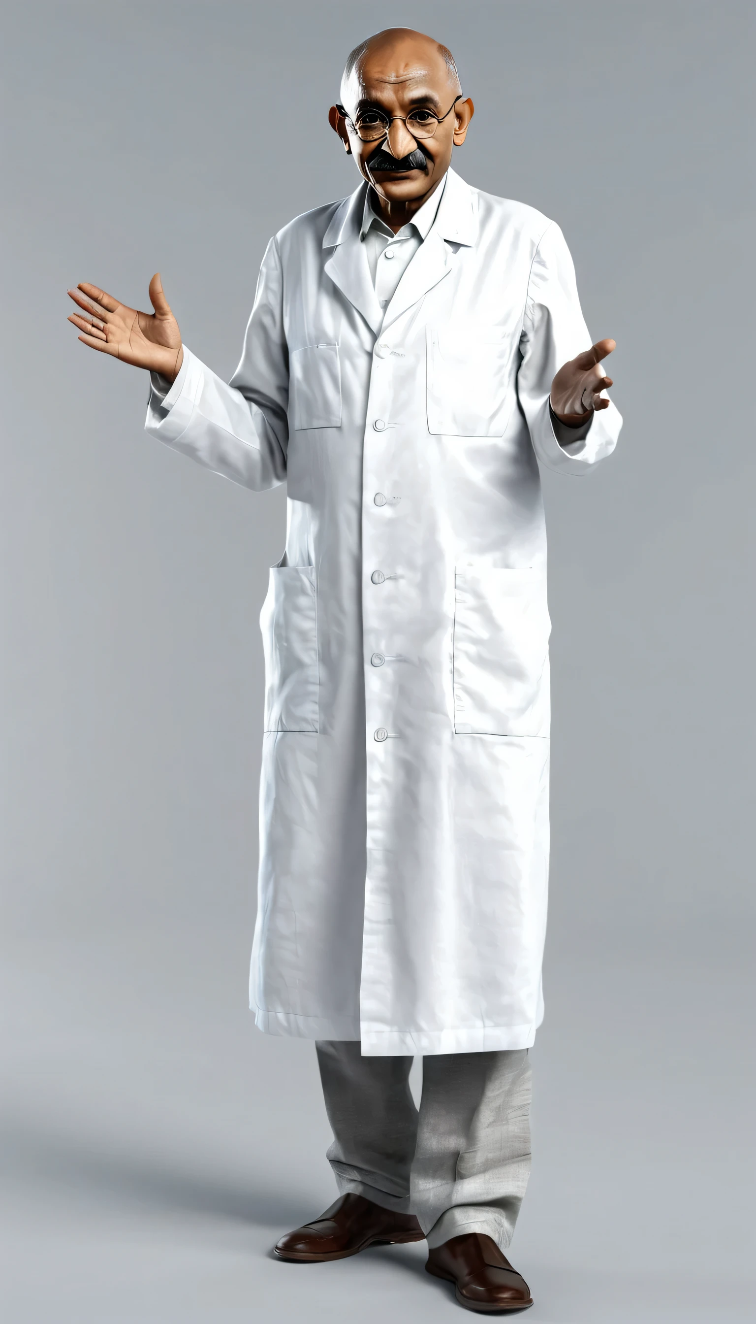 Full body Portrait of Mahatma Gandhi as a scientist in a white labcoat, open hands, photorealistic image