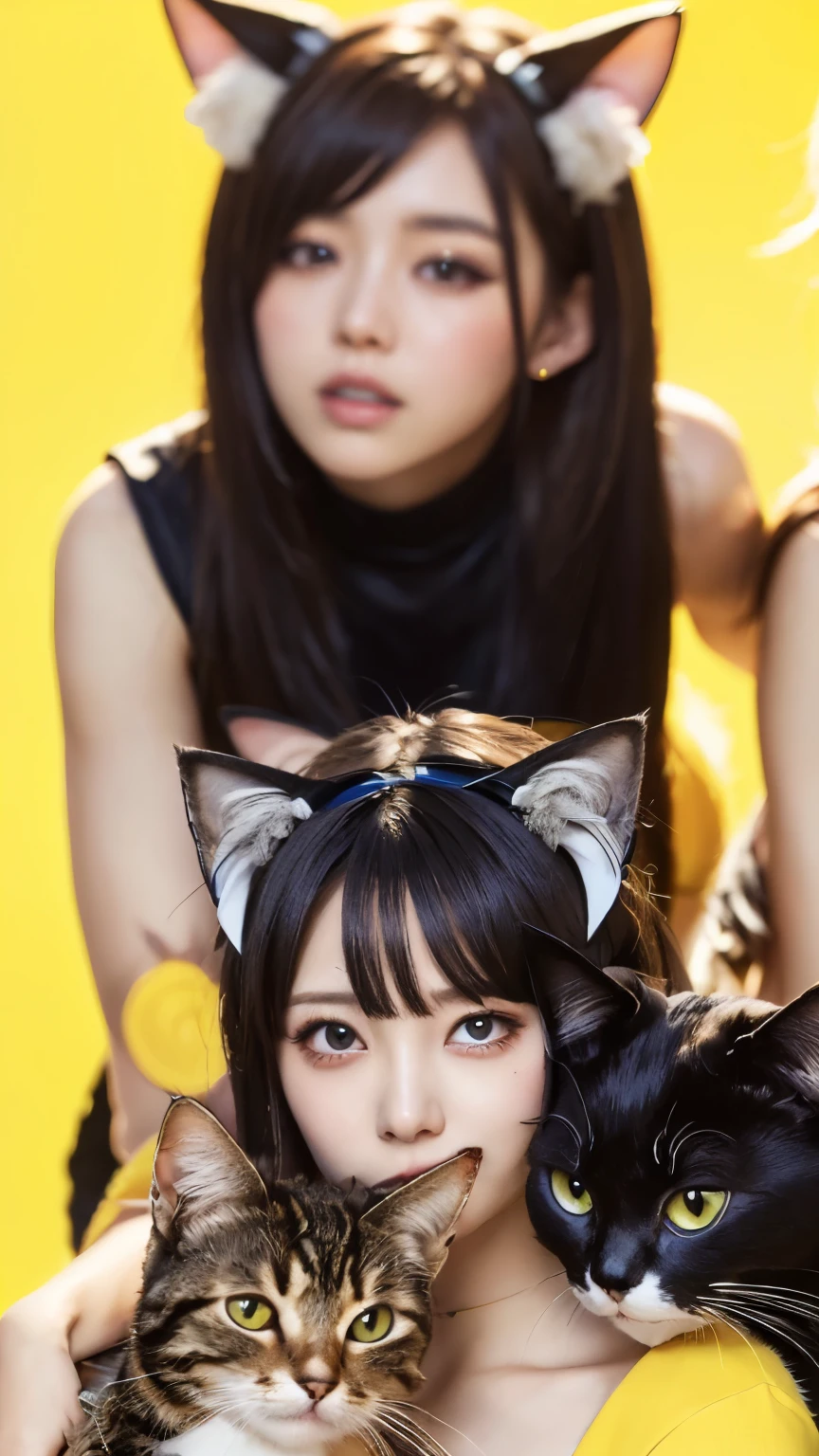 masterpiece, 4k, Bokeh, beautiful face, Harem, (multiple girls:1.4), (Group Photo:1.5), (Cat ears:1.3), (white bob hair:1.3) , looking at the viewer, cowboy shot, holding many cats in both hands, (Yellow background :1.4), closeup