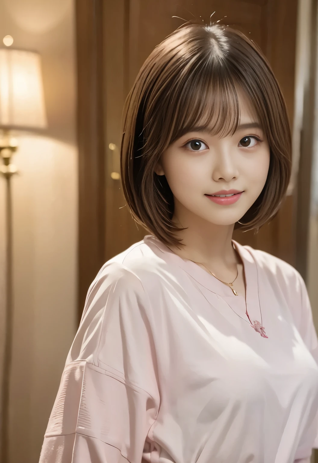 pink shirt:1.3, medium bob