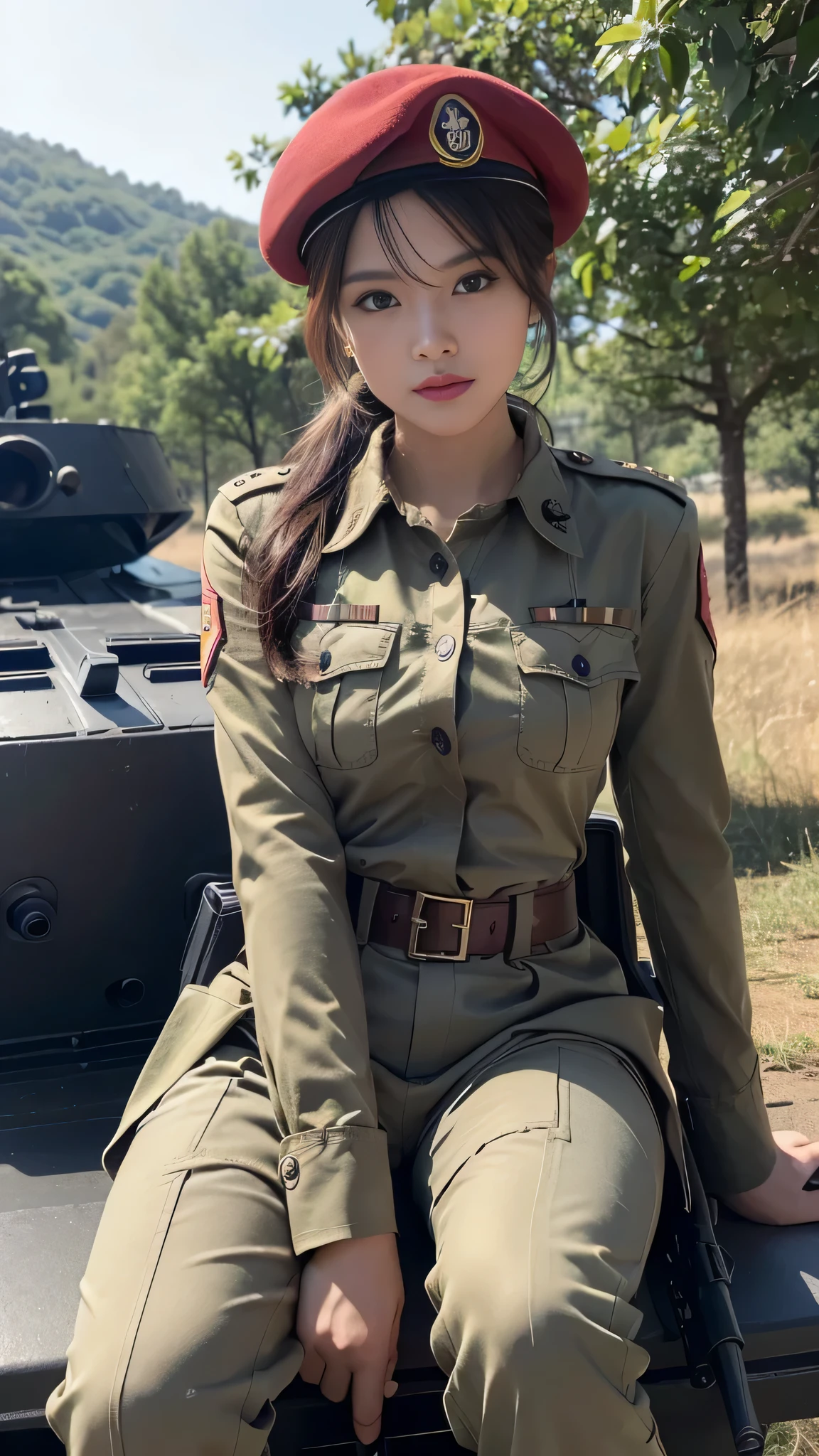 ((Best Quality, 8k, Masterpiece:1.3)), Focus:1.2, Perfect Body Beauty:1.4, ((Delicate Hair)), (Military Uniform:1.1), (Red Beret Army: 1.1), (Firearms: 1.1), (Soldier Uniform: 1.1), Military Coat: 1.1) Highly detailed face and skin texture, Detailed eyes, Double eyelids, whitening skin, Big breasts, smile, in the jungle, super detailed face, super detailed eyes, super detailed, hands, super detailed fingers, super detailed body, super fine body, super fine face, super fine eyes, super fine fingers, super fine hands, super fine foots, Holding firearms, rifle, Soldier, Perfect Soldier, weapon, rifle, special force, military, Super detailed firearms, Super Detailed Military Coat, Army, Super fine firearms, Super detailed Beret, Super detailed firearms, Super realistic firearms, super detailed rifle, super realistic, muscular, female soldier, Commissioned Officer, high ranking officer, general rank, with a view of the self-propelled artillery behind her, Super Detailed red beret, realistic view, perfect lighting, military vehicle, army beret