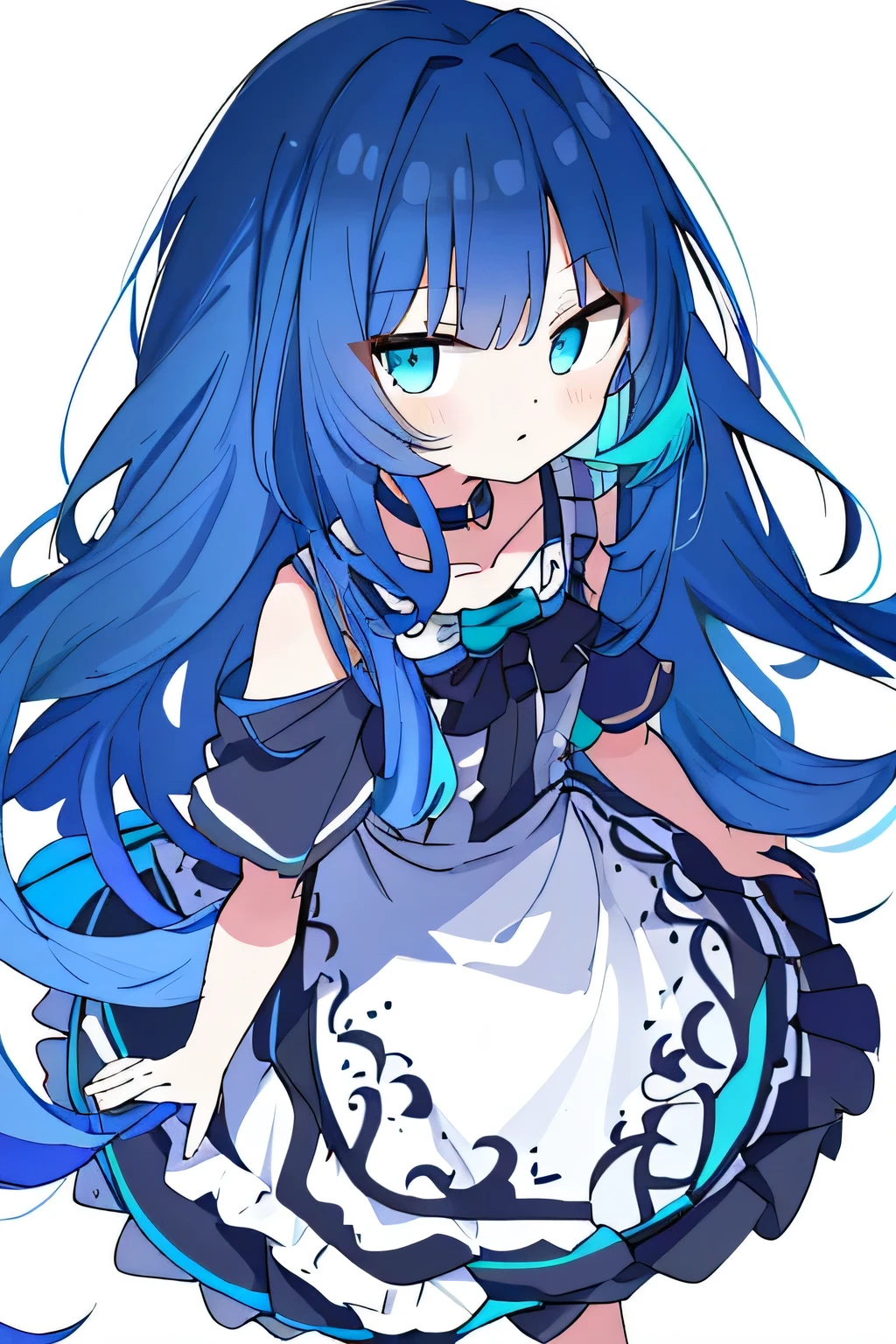Masterpiece, high detal, Hyper-Resolution, 1girll, Solo, standing, The upper part of the body, Face only, Close-up, aqua hair, aqua eyes, , (Colored inner hair, Dark blue hair:1.2), Long hair, Wavy hair, hime-cut, Curly hair, side locks, Black shirt, High collar, Open collar, clavicle, Simple background, White background, boring background,