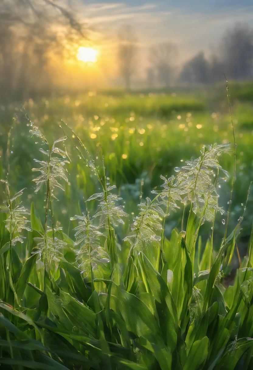 Glimmer in the morning. The glimmer of the rising sun in the spring morning shines through the gaps between the leaves.，Create a warm atmosphere。(Close-up of leaves with dewdrops in the upper corner of the image)

            The rising sun，shed a soft light，Create a peaceful atmosphere in the early morning，The grass is covered with crystal clear morning dew，Feel the refreshing coolness, the shimmer, and the new green buds all have the characteristics and charm of spring.。Early morning sun、The blooming of elegant flowers, a joyful moment on a spring morning, super detailed quality，meticulous，HD super complex，Extremely complex, soft and natural light and shadow , masterpiece,Realistic top works
