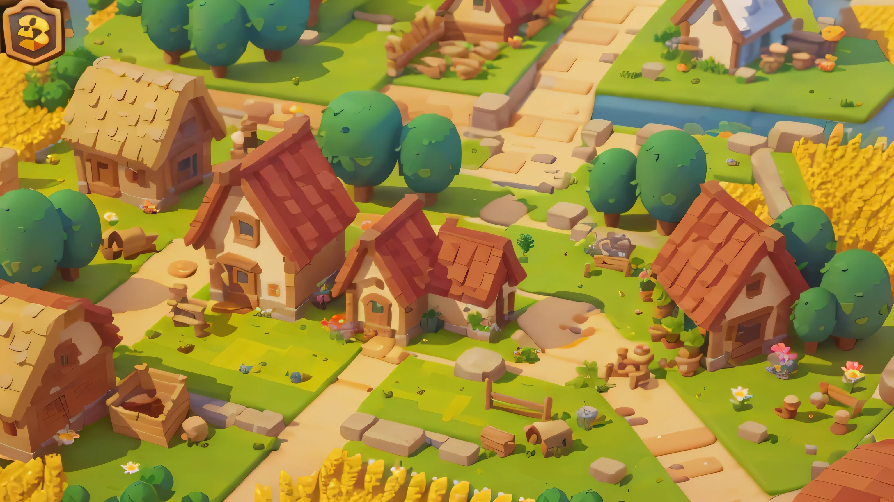 game architecture design, comic book, farm, absence, brick, grass, river, flowers, vegetable, wheat, tree, animal, Casual play style, 3D, mixer, masterpiece, super detail, best quality