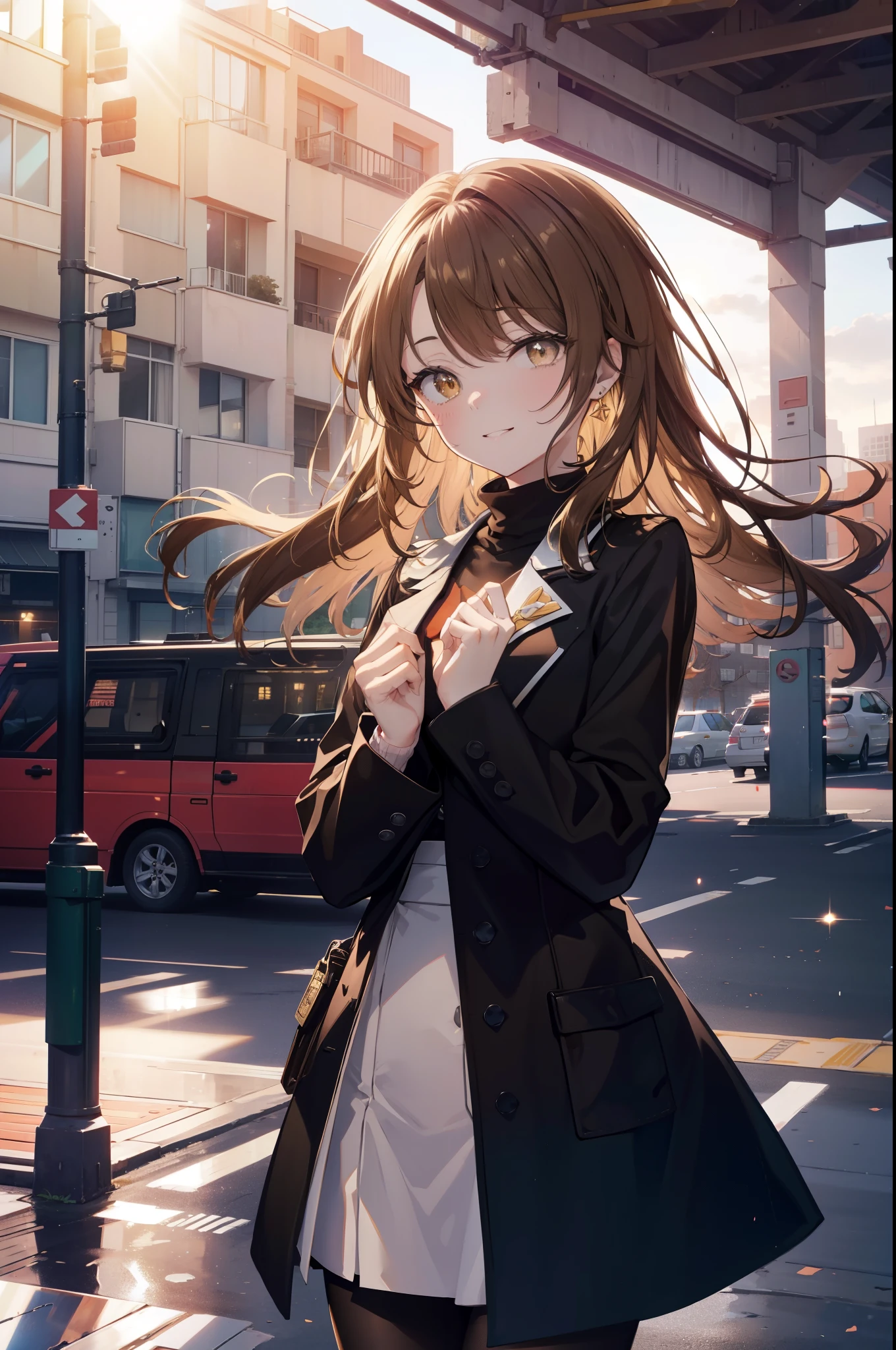 irohaisshiki, Isshiki Iroha, long hair, brown hair, (brown eyes:1.5), happy smile, smile, open your mouth, Are standing,From above,yellow long coat,White turtleneck,black long skirt,Mini Boots,black pantyhose,evening,sunset,the sun sets,whole bodyがイラストに入るように,
break outdoors, city,building street,
break looking at viewer,whole body, (cowboy shot:1. 5)
break (masterpiece:1.2), highest quality, High resolution, unity 8k wallpaper, (shape:0.8), (beautiful and detailed eyes:1.6), highly detailed face, perfect lighting, Very detailed CG, (perfect hands, perfect anatomy),