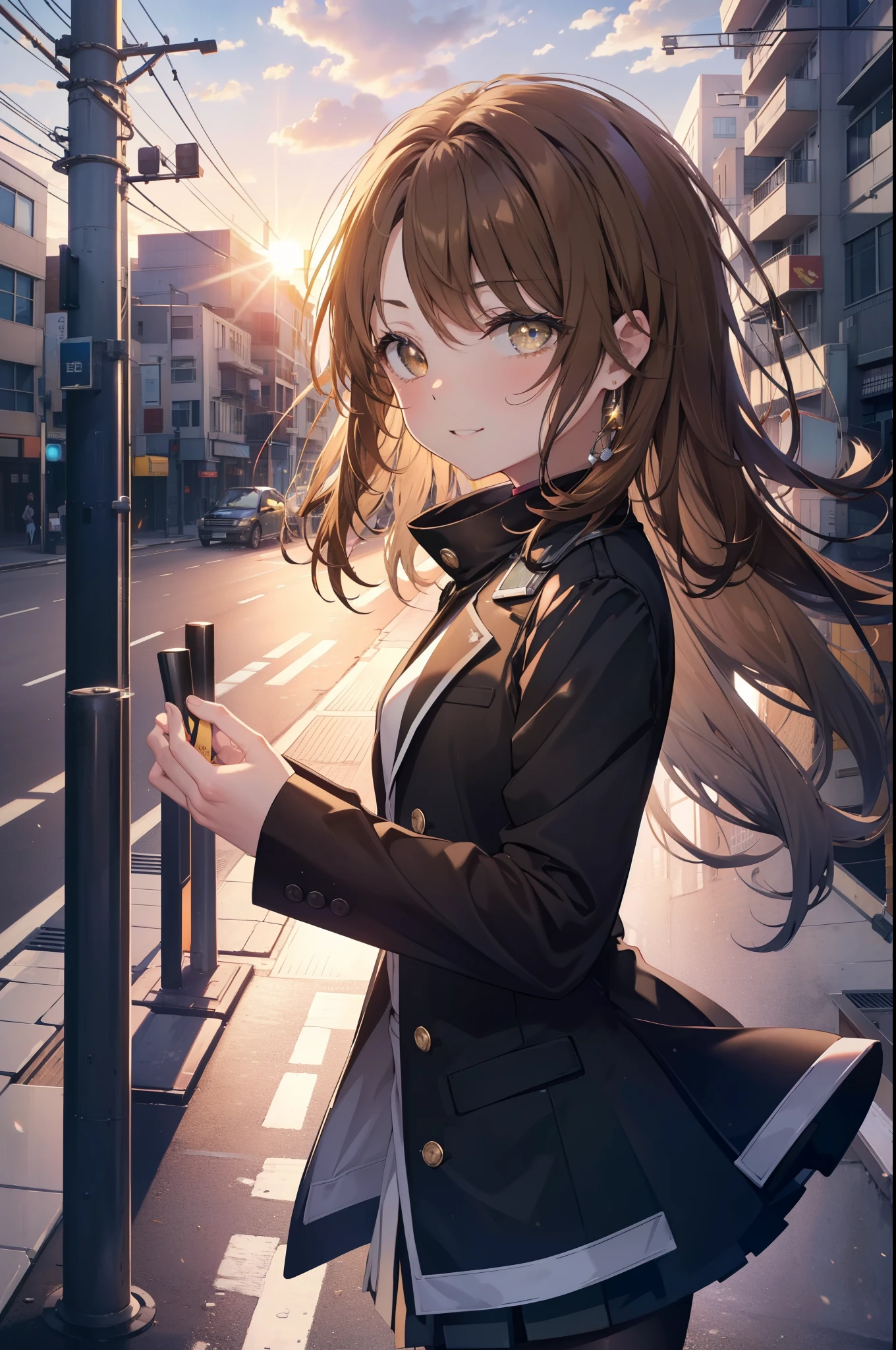 irohaisshiki, Isshiki Iroha, long hair, brown hair, (brown eyes:1.5), happy smile, smile, open your mouth, Are standing,From above,yellow long coat,White turtleneck,black long skirt,Mini Boots,black pantyhose,evening,sunset,the sun sets,whole bodyがイラストに入るように,
break outdoors, city,building street,
break looking at viewer,whole body, (cowboy shot:1. 5)
break (masterpiece:1.2), highest quality, High resolution, unity 8k wallpaper, (shape:0.8), (beautiful and detailed eyes:1.6), highly detailed face, perfect lighting, Very detailed CG, (perfect hands, perfect anatomy),