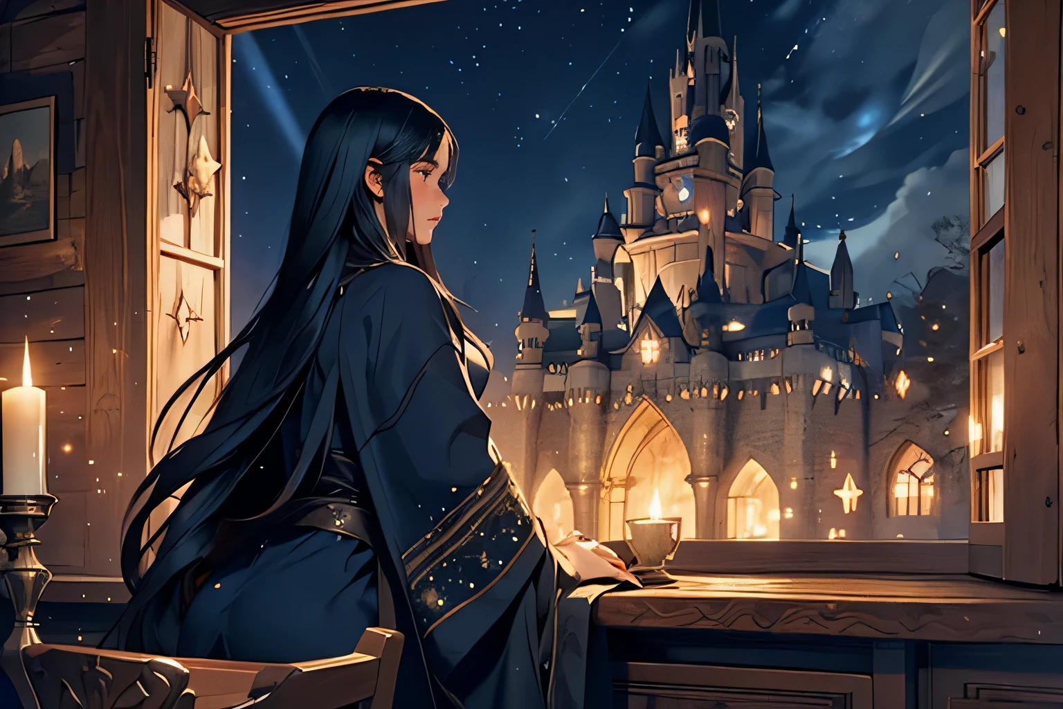 A beautiful black-haired girl gazes out a window at night, black robe, surrounded by a sky full of twinkling stars in a medieval fantasy setting. The view is from behind, capturing the contemplative moment. The scene is rendered in a detailed and dreamy style reminiscent of classic fairy tales.