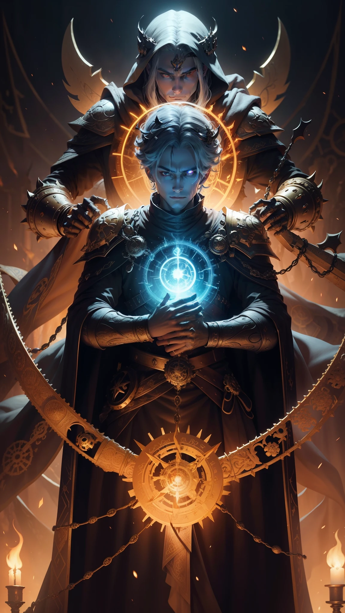 his armor shines, mirroring the flickering flames of the torches that encircle the throne. The Skeleton King's skull is crowned with a menacing halo of thorns, symbolizing the reign of fear and terror he holds over his dominion.
The King Calendar, a figure of wisdom and time, is portrayed as a statuesque, elder being, encircled by a ring of zodiac symbols and intricate glyphs. His eyes, two glowing orbs, are filled with the knowledge of the ages, reflecting the cyclical passage of time. The multitude of gears and wheels that comprise his body spin with precision, representing